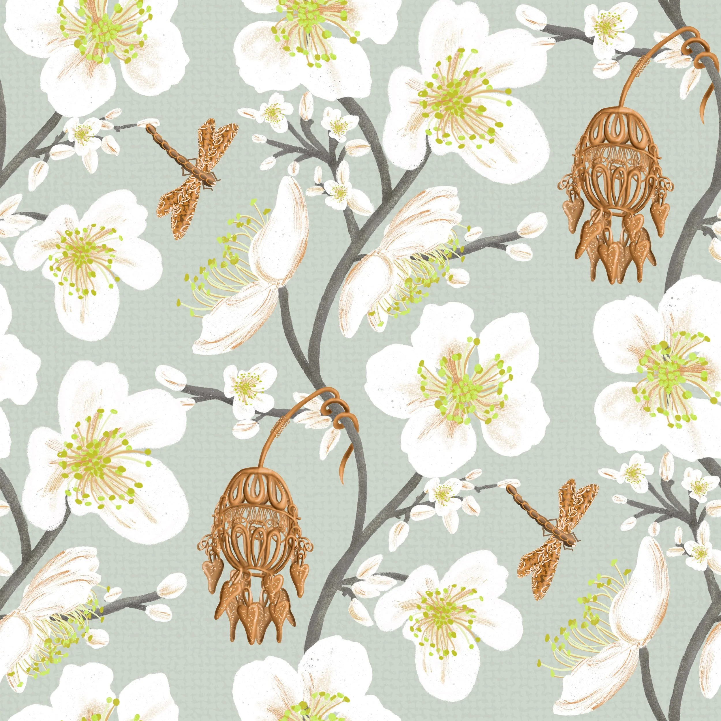 Almond blossoms and dragonflies dance around a vintage trinket in this soft, painterly chinoiserie print. Timeless and heritage-inspired — beautiful on fabric, wallpaper, or home decor.