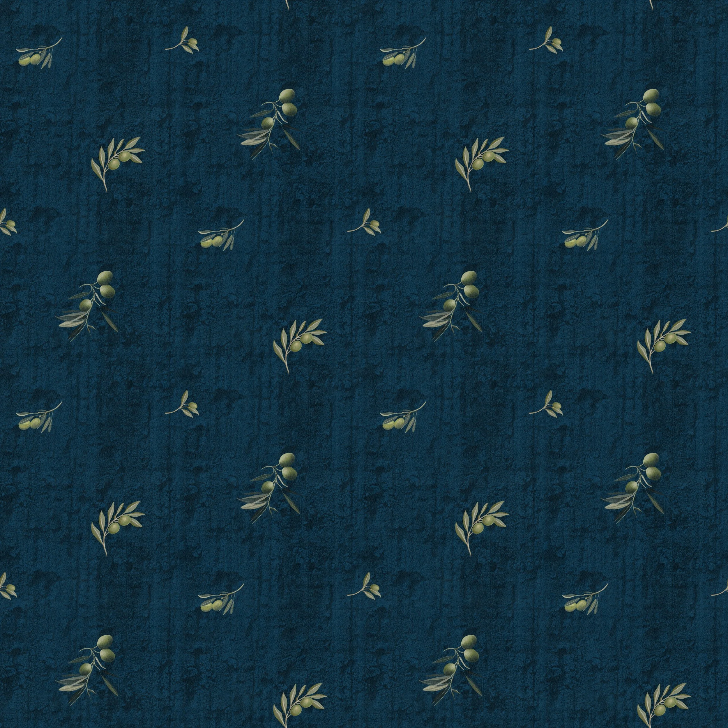 Olive Grove Ditsy Dark Blue - Delicate olive sprigs scattered on a soft textured ground, inspired by Mediterranean groves and sunlit coastal living.