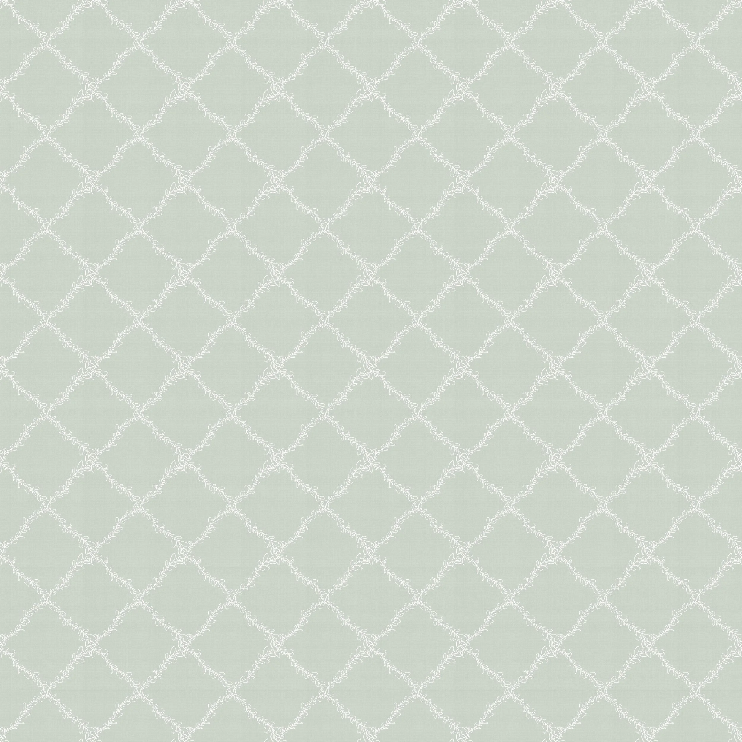 A fine lattice trellis coordinates with the Almond Blossom collection, adding quiet, textural structure in sage green and soft white. A versatile blender for fabric, wallpaper and home decor.