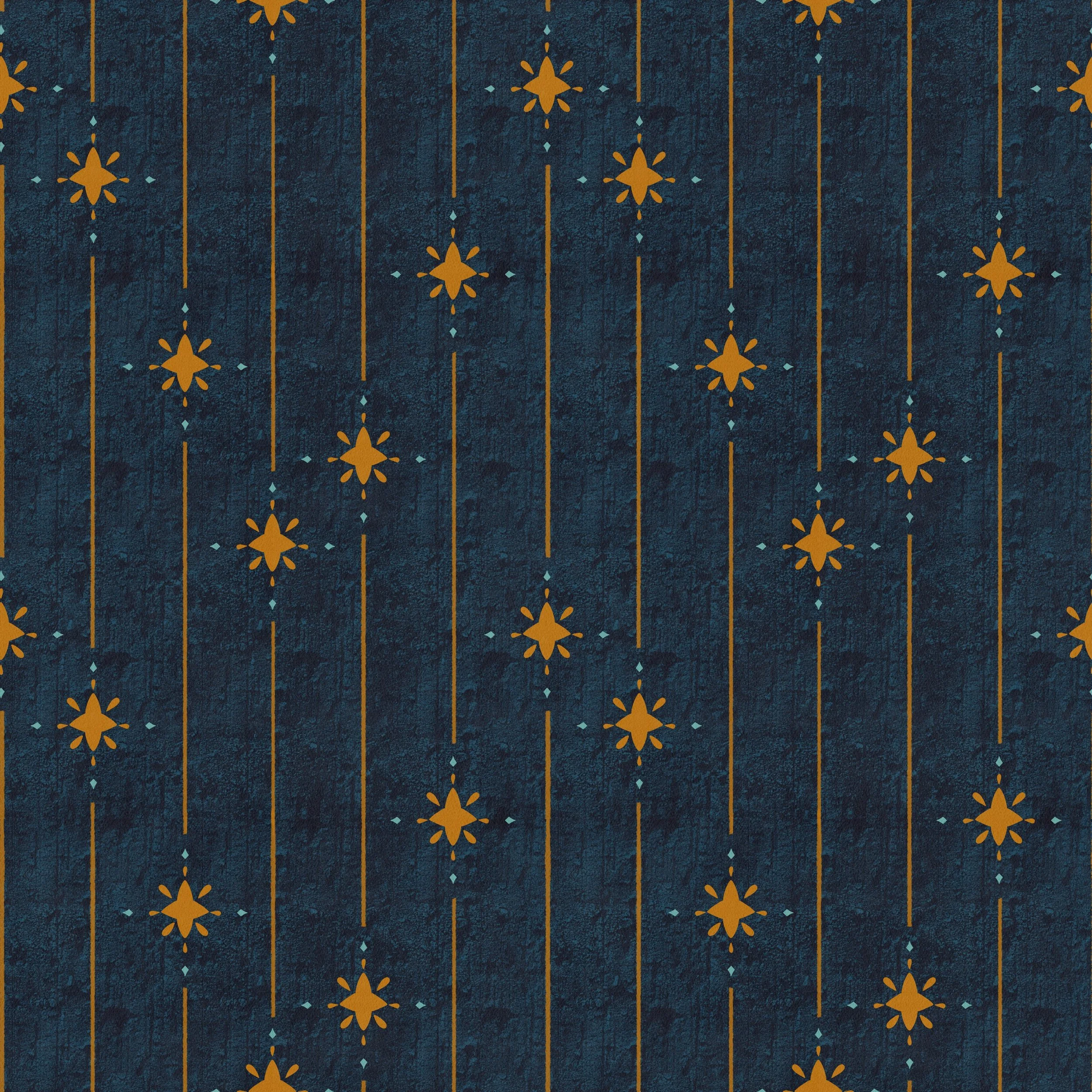 Mediterranean Courtyard Stripe Dark Blue - Mediterranean stripe with terracotta star motifs and fine lines on a textured ground, inspired by sunlit courtyards and ceramic tiles.