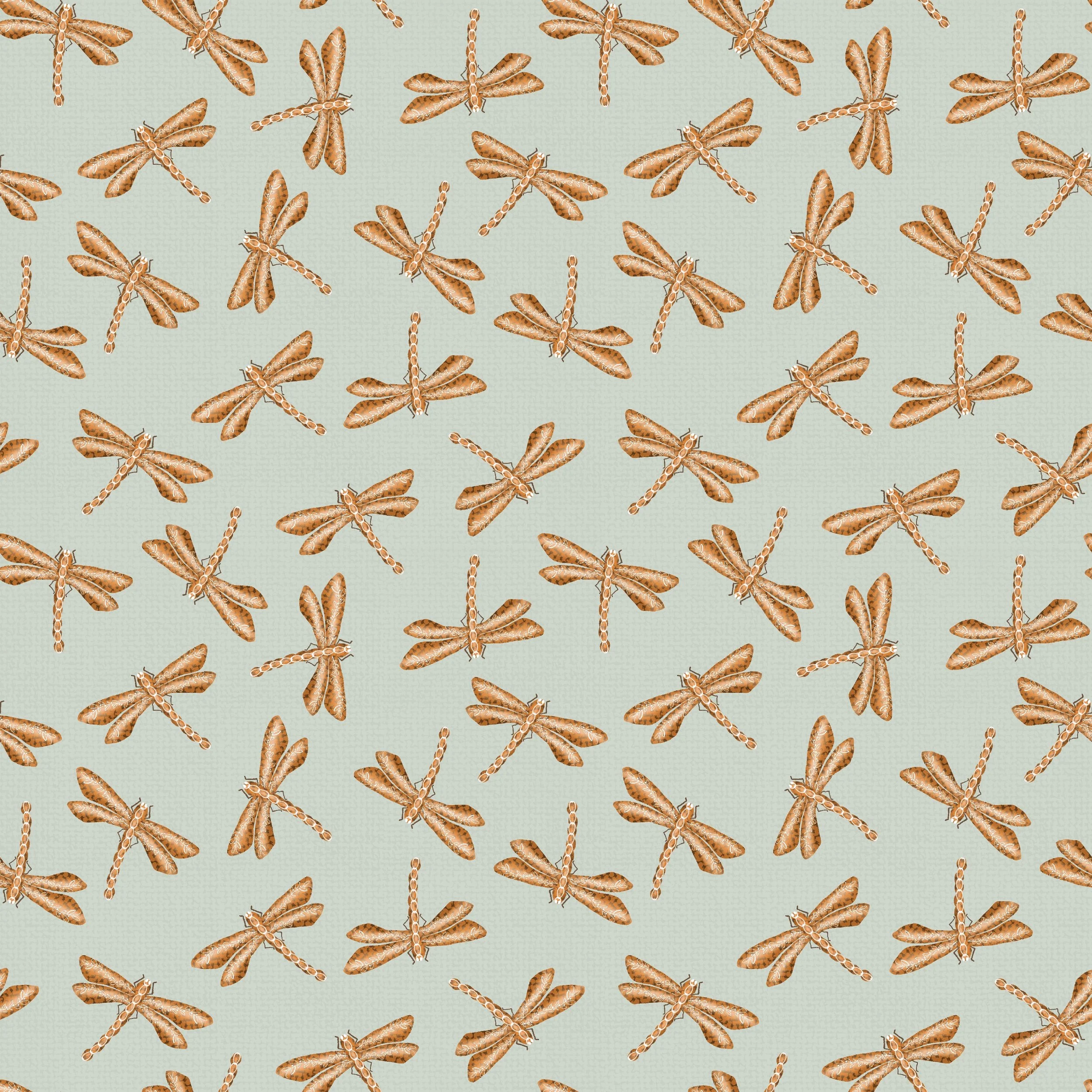  A scattered dragonfly toss coordinates with the Almond Blossom collection, bringing delicate movement to sage green and charcoal. A versatile coordinate for fabric, wallpaper and home decor.