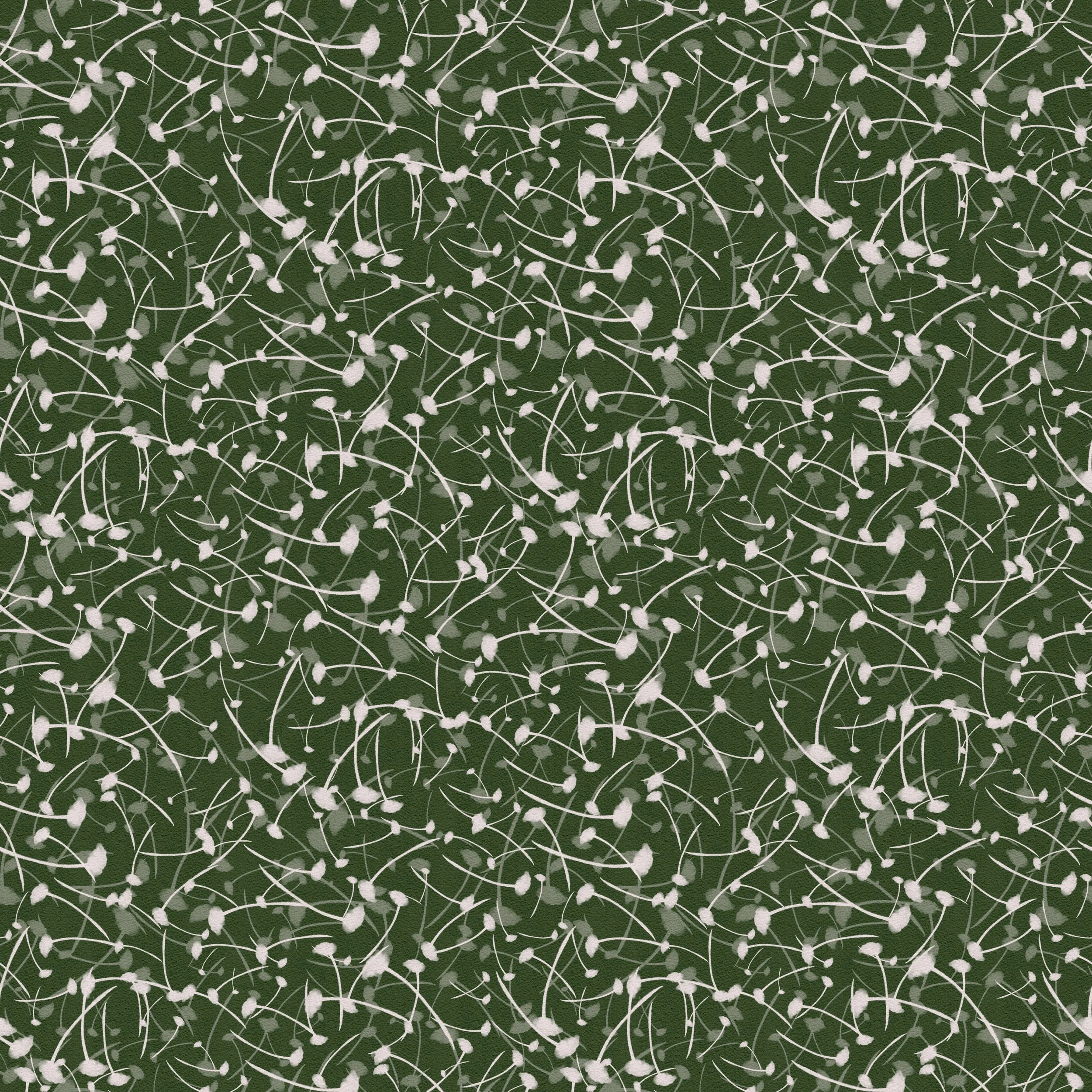Blossom Breeze Forest - Floating gum blossom stamens drifting across deep forest green for a soft, airy botanical pattern with Australian charm.