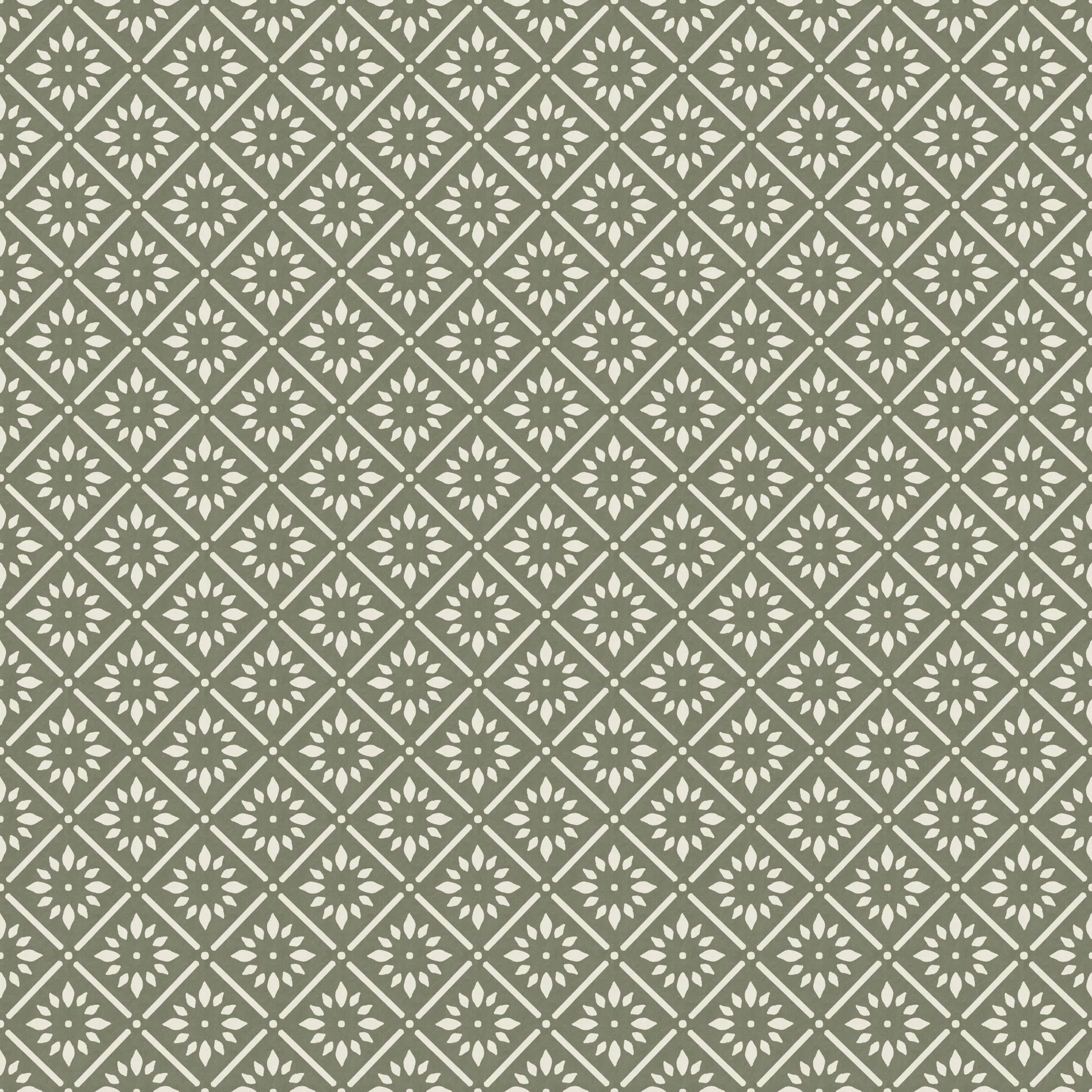 Courtyard Lattice Neutral on Sage - Soft geometric lattice pattern inspired by Mediterranean courtyards in calming olive tones