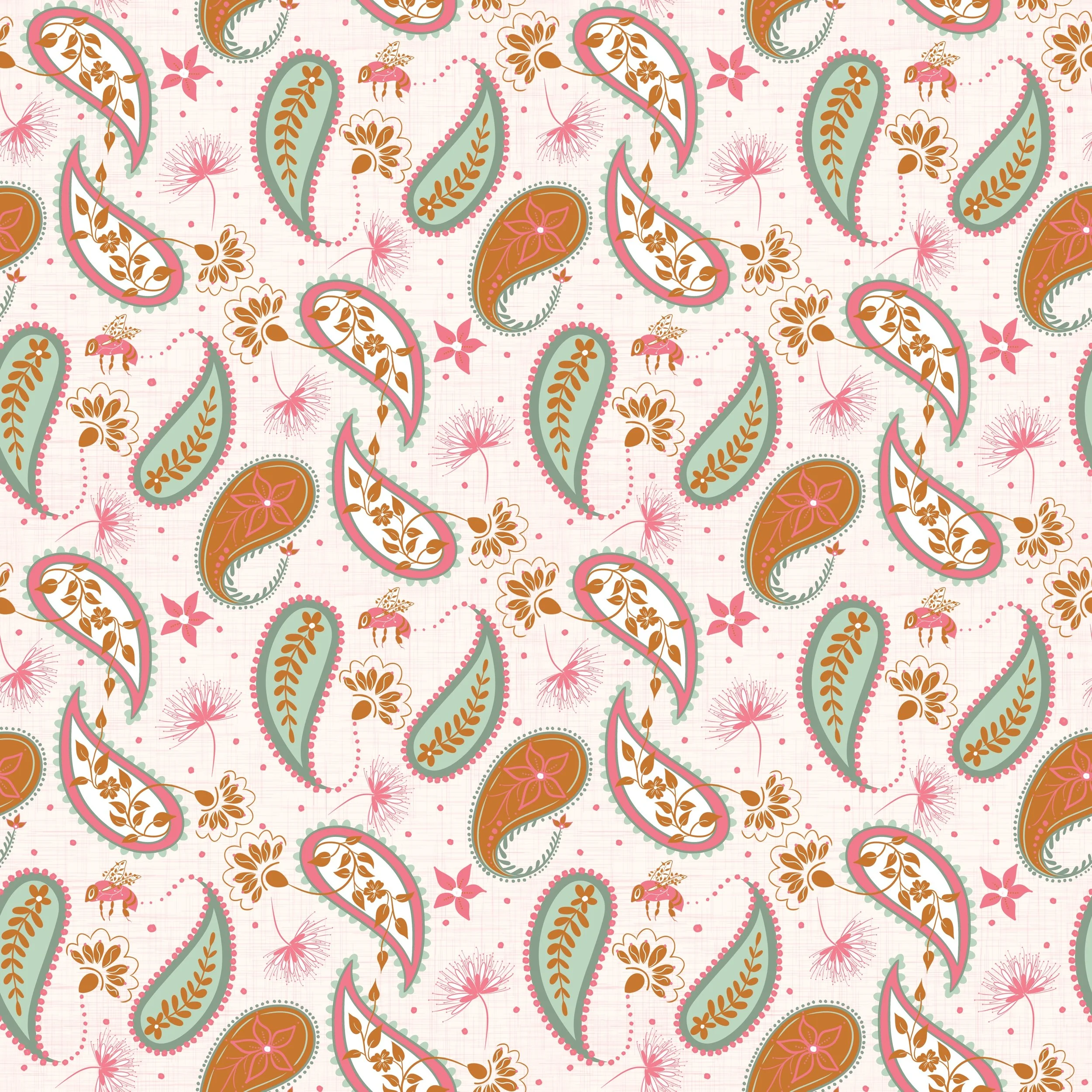 Paisley Toss Garden - Whimsical paisleys bloom among delicate florals and playful garden bees.