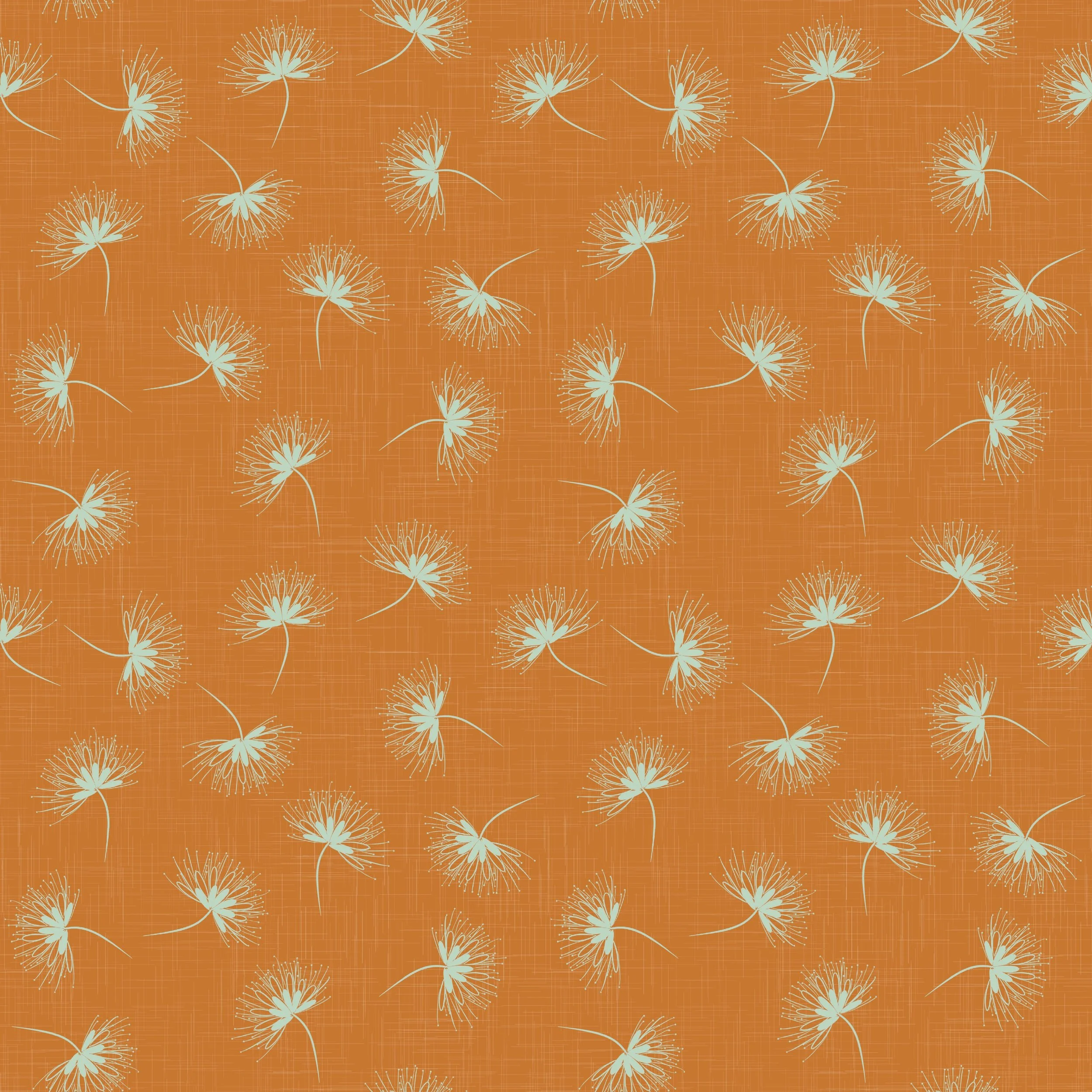 Dandelion Toss Garden Clay - Light-as-air seedheads dance across a warm ochre backdrop with vintage charm.
