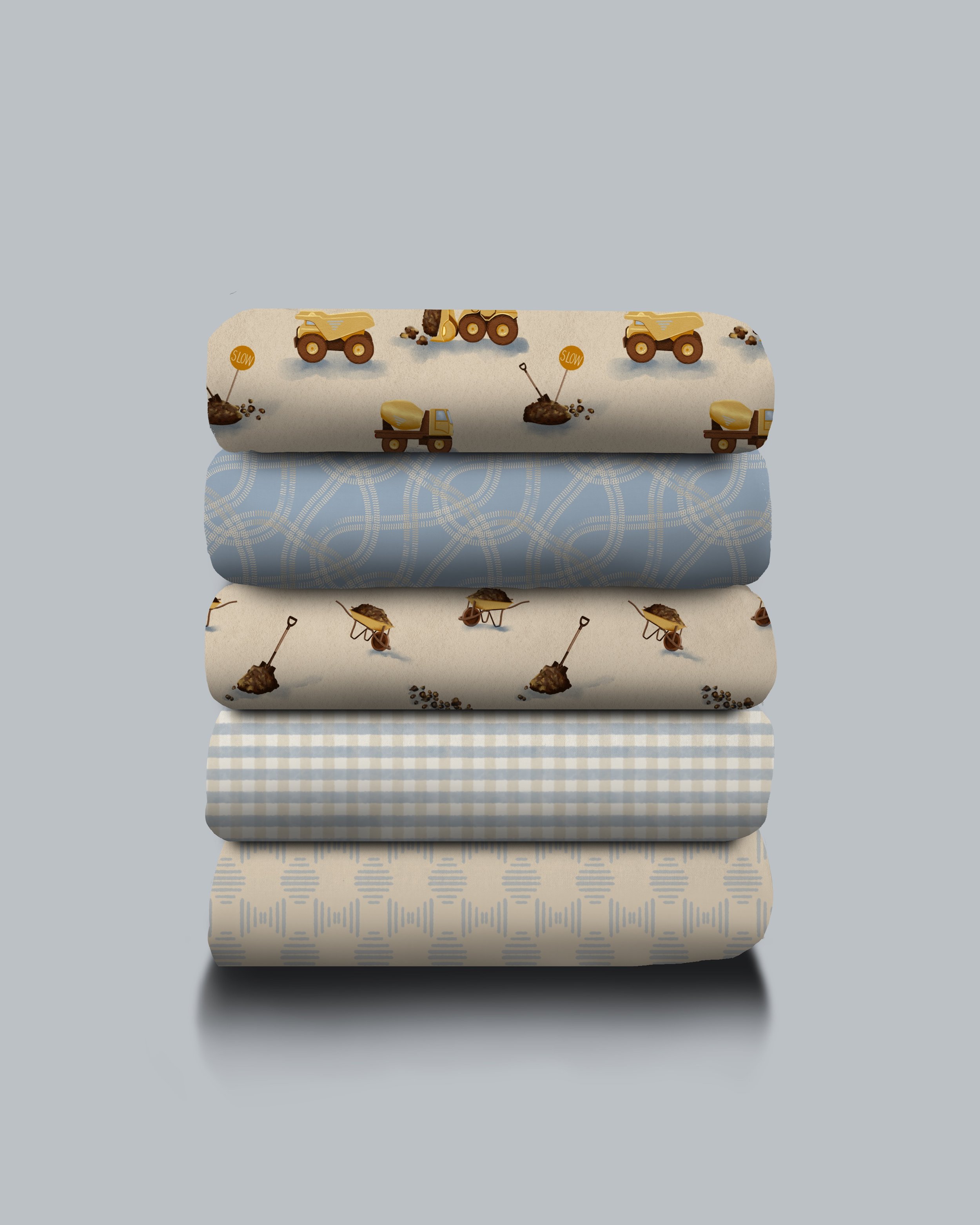 Little Work Crew — A soft, painterly children's collection of work vehicles in warm earthy tones, built for coordinating across fabric, wallpaper, and nursery decor.