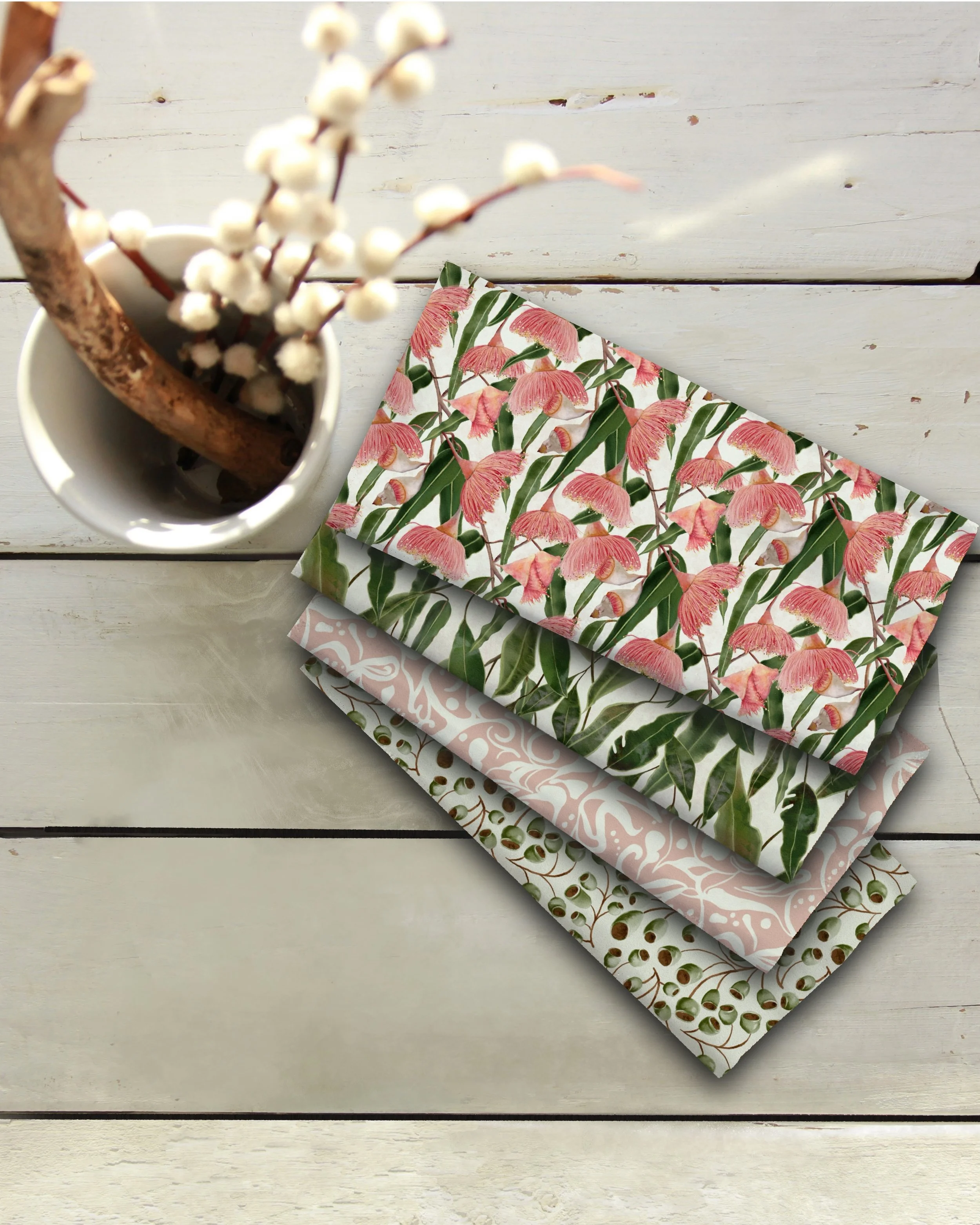 Australian botanical patterns featuring gum blossoms, drifting stamens, leafy cascades, gumnuts and layered bark textures — soft, organic and timeless.