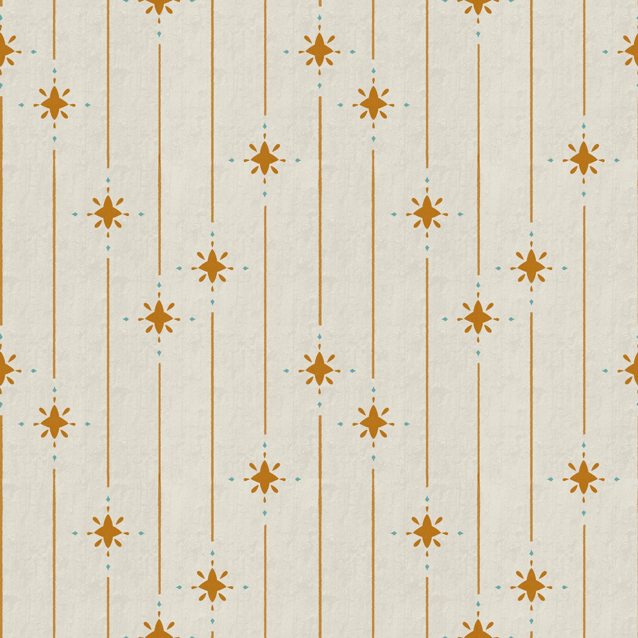 Mediterranean Courtyard Stripe - Mediterranean stripe with terracotta star motifs and fine lines on a textured ground, inspired by sunlit courtyards and ceramic tiles.