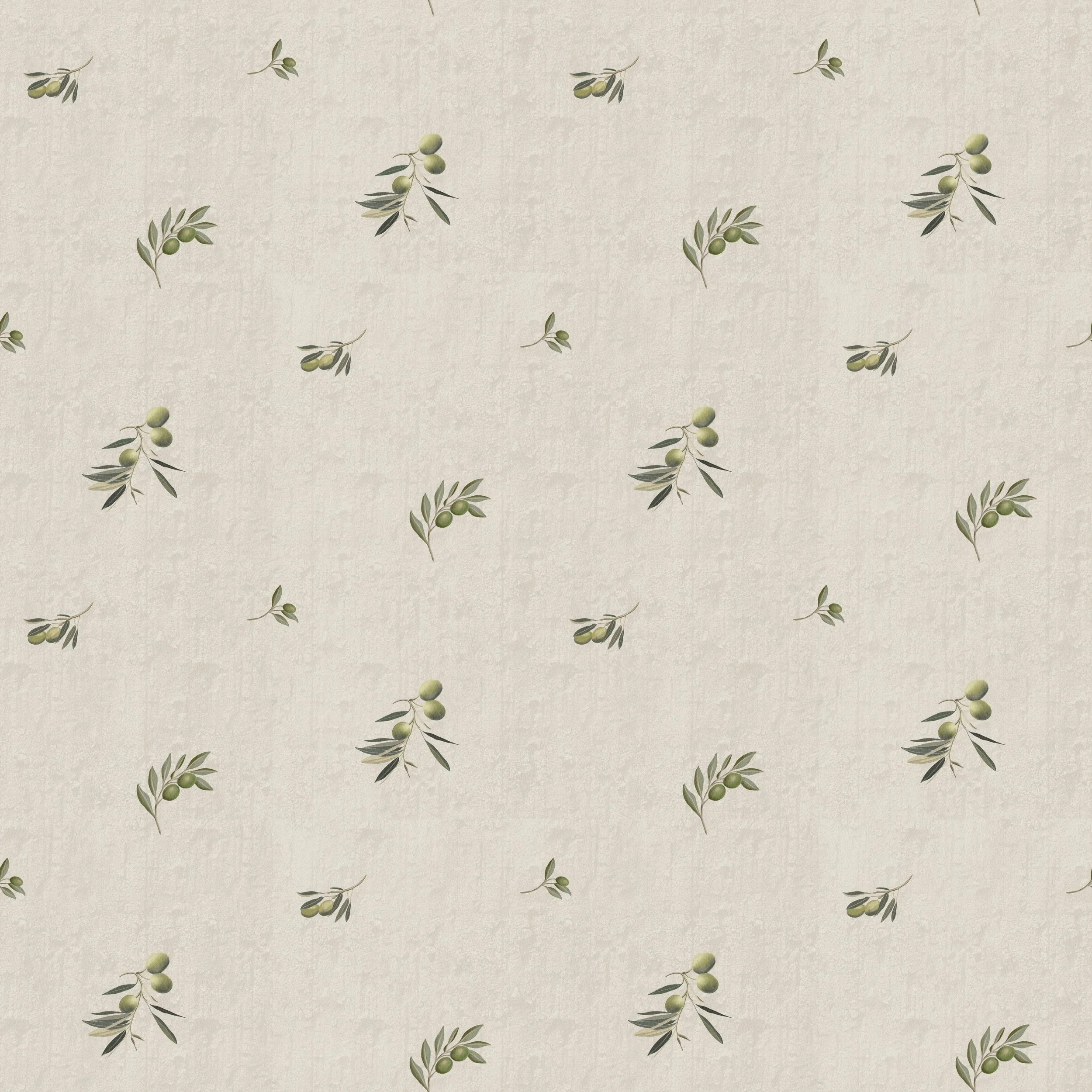 Olive Grove Ditsy - Delicate olive sprigs scattered on a soft textured ground, inspired by Mediterranean groves and sunlit coastal living.