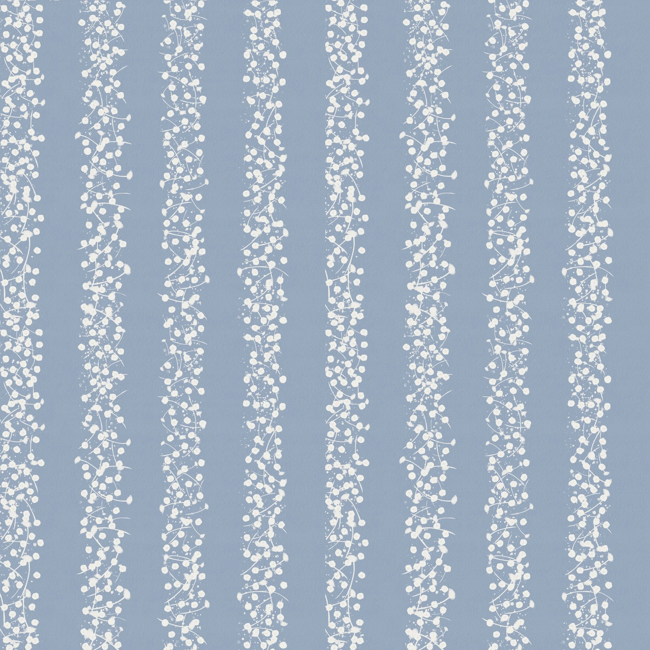 Stamen Drift Stripe Gentle Blue - Delicate vertical stripes of scattered stamens create a soft botanical rhythm in blue and cream