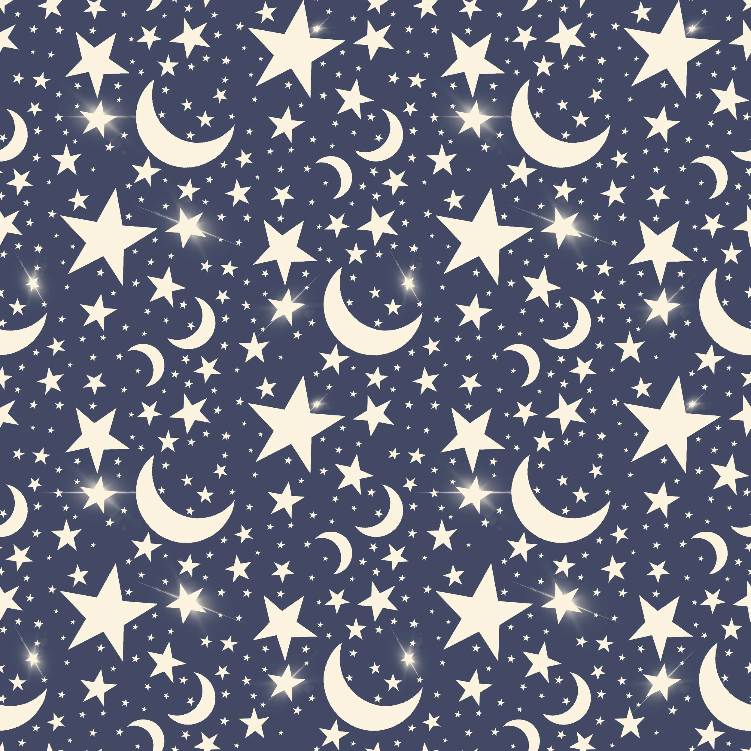 Celestial Night Sky Ivory - A dreamy scatter of ivory stars and crescent moons on deep indigo