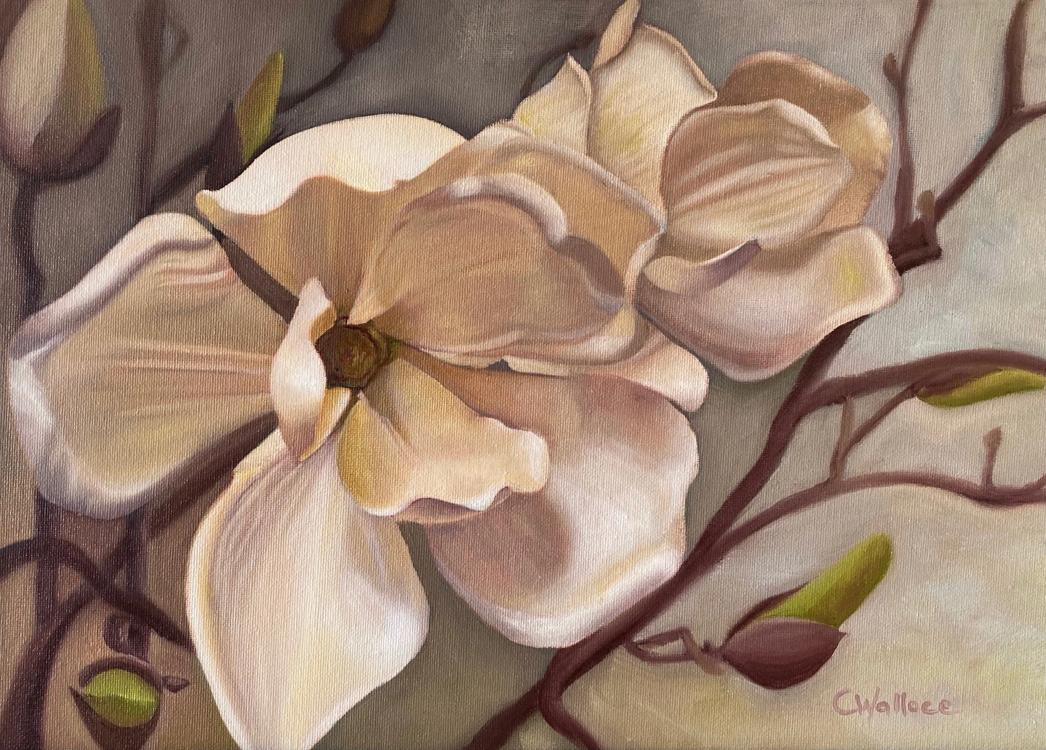 Painting of white and cream-colored orchids with brown stems and green buds.