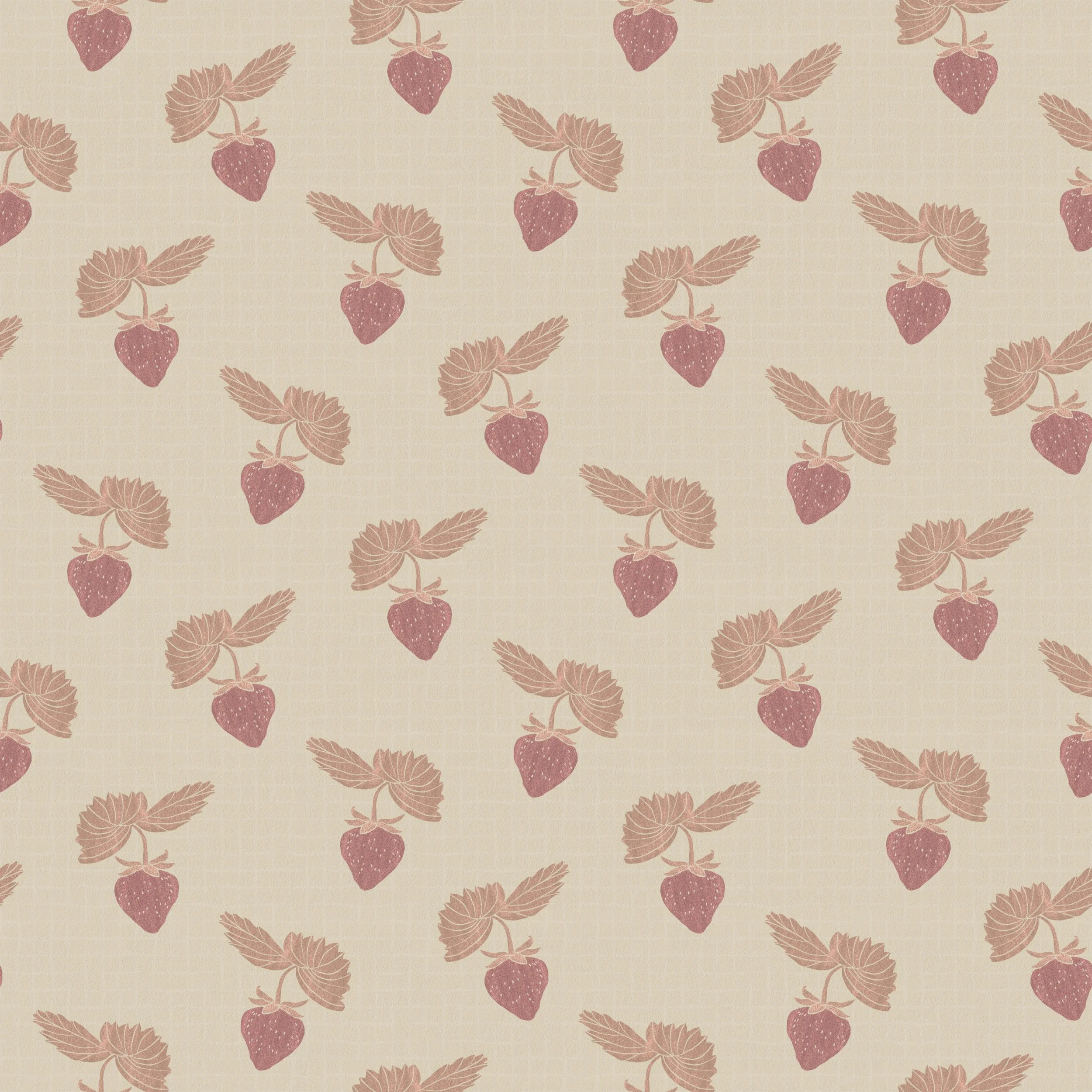 Strawberry Press Linen - A simple hand-stamped strawberry motif in a soft offset grid on warm linen.