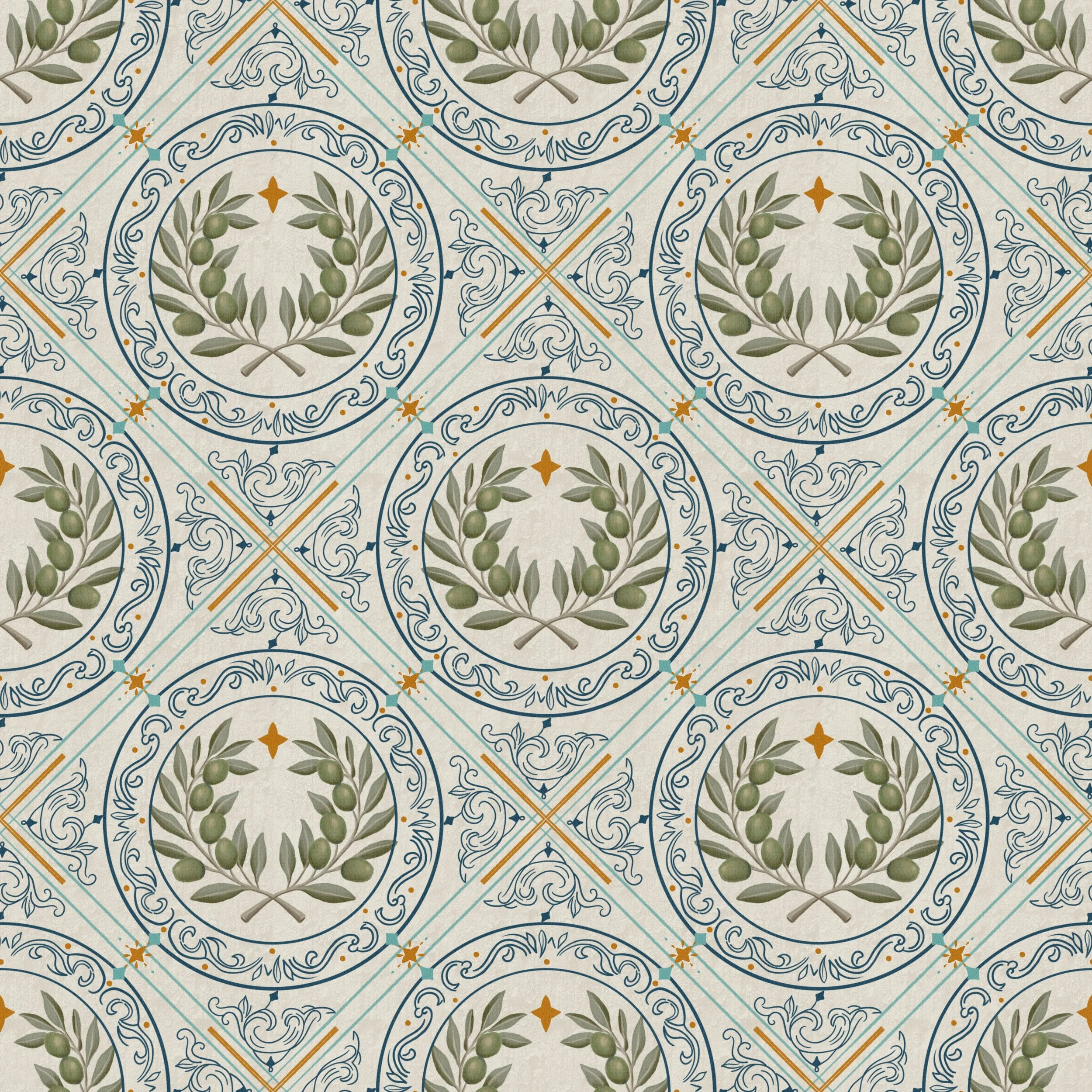 Mediterranean Olive Medallion - Painterly olive wreath medallions in a Mediterranean tile lattice with cobalt, terracotta and cream. Inspired by sun-washed coastal living.