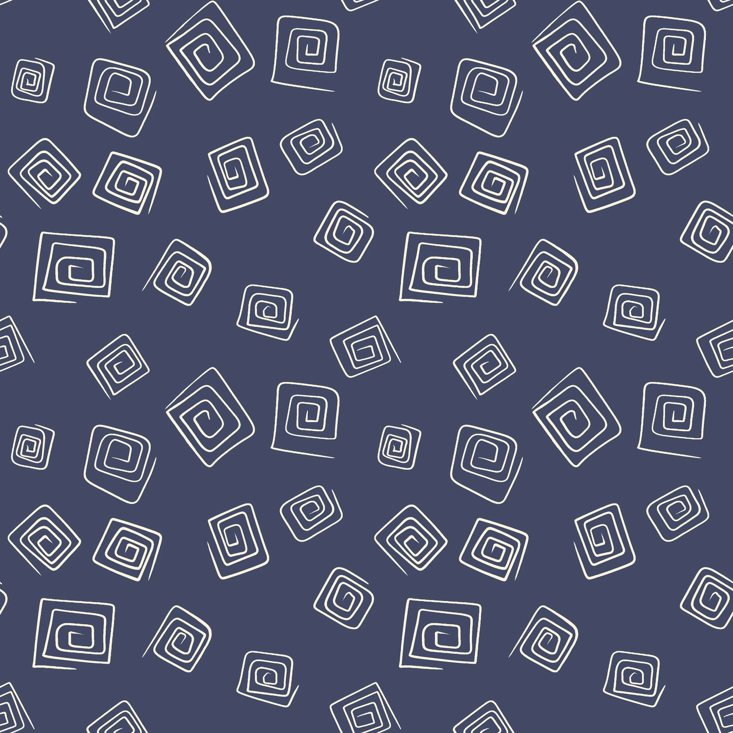 Modern Freehand Spiral Squares on Indigo - Freehand geometric spirals dance across an inky background.
