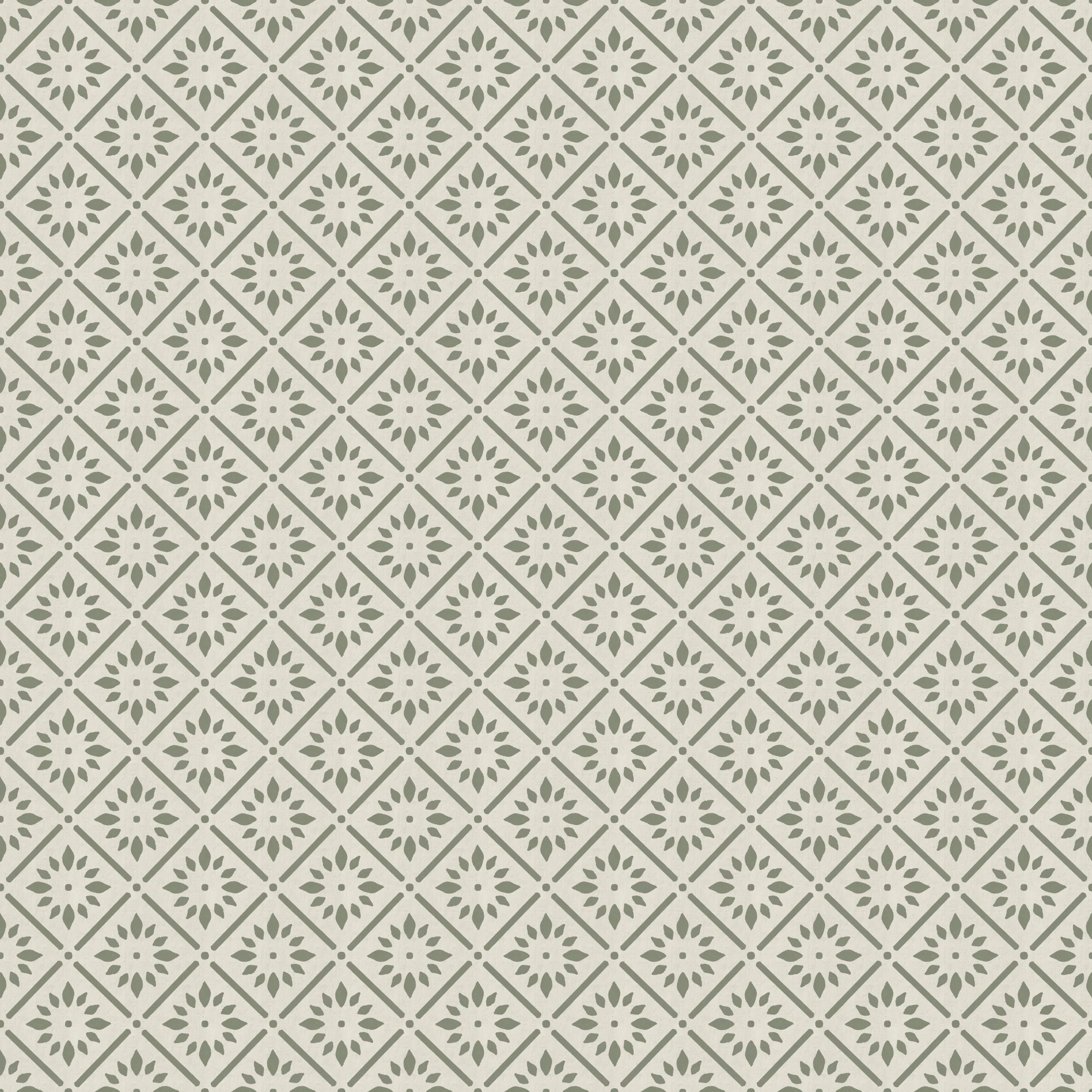 Courtyard Lattice Sage on Neutral - Soft geometric lattice pattern inspired by Mediterranean courtyards in calming olive tones