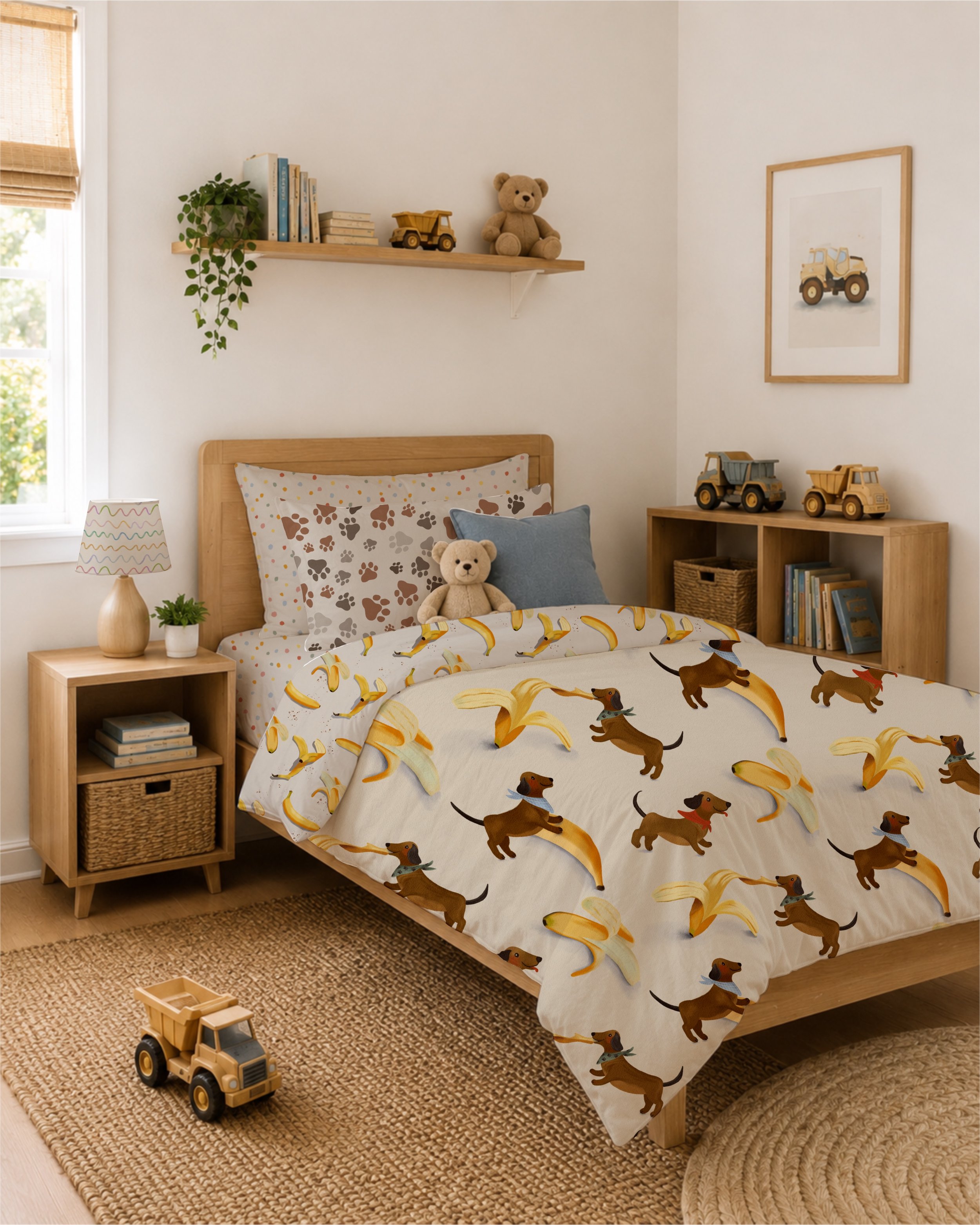 A warm and playful bedroom setting showing how the collection can transform a child’s space.