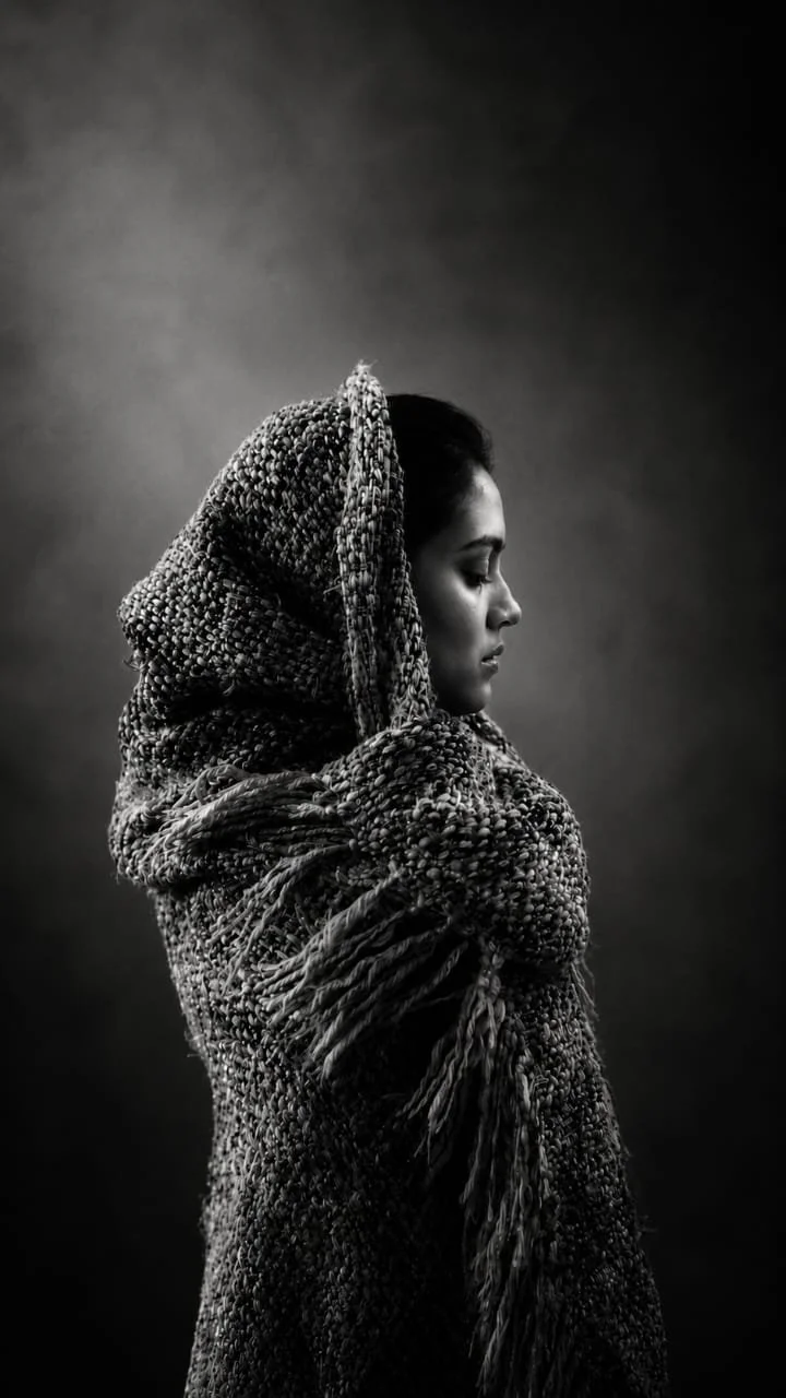 A woman with dark hair and closed eyes, wrapped in a textured, patterned shawl, facing sideways against a dark background. Photography by Riaan Swiegelaar