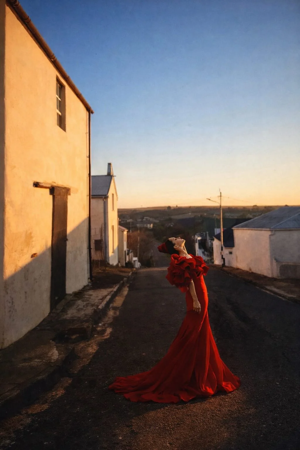 A woman in a long red dress and ruffled red top posing on a quiet street at sunset. The sky is clear with a sunset glow, and houses line the street. Photography by Riaan Swiegelaar