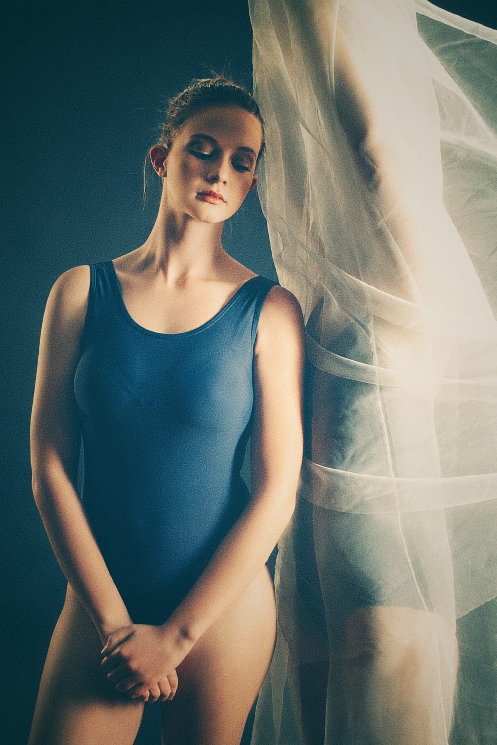 Photography by Riaan Swiegelaar. A young woman in a dark blue sleeveless leotard stands with her eyes closed and hands clasped in front of her, beside a sheer curtain with sunlight streaming through.