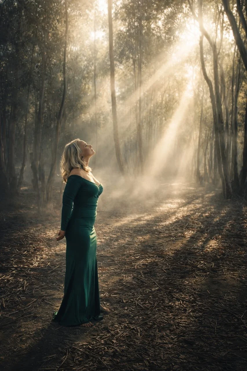 A woman in a long green dress standing in a forest with sunlight streaming through the trees. Photography by Riaan Swiegelaar