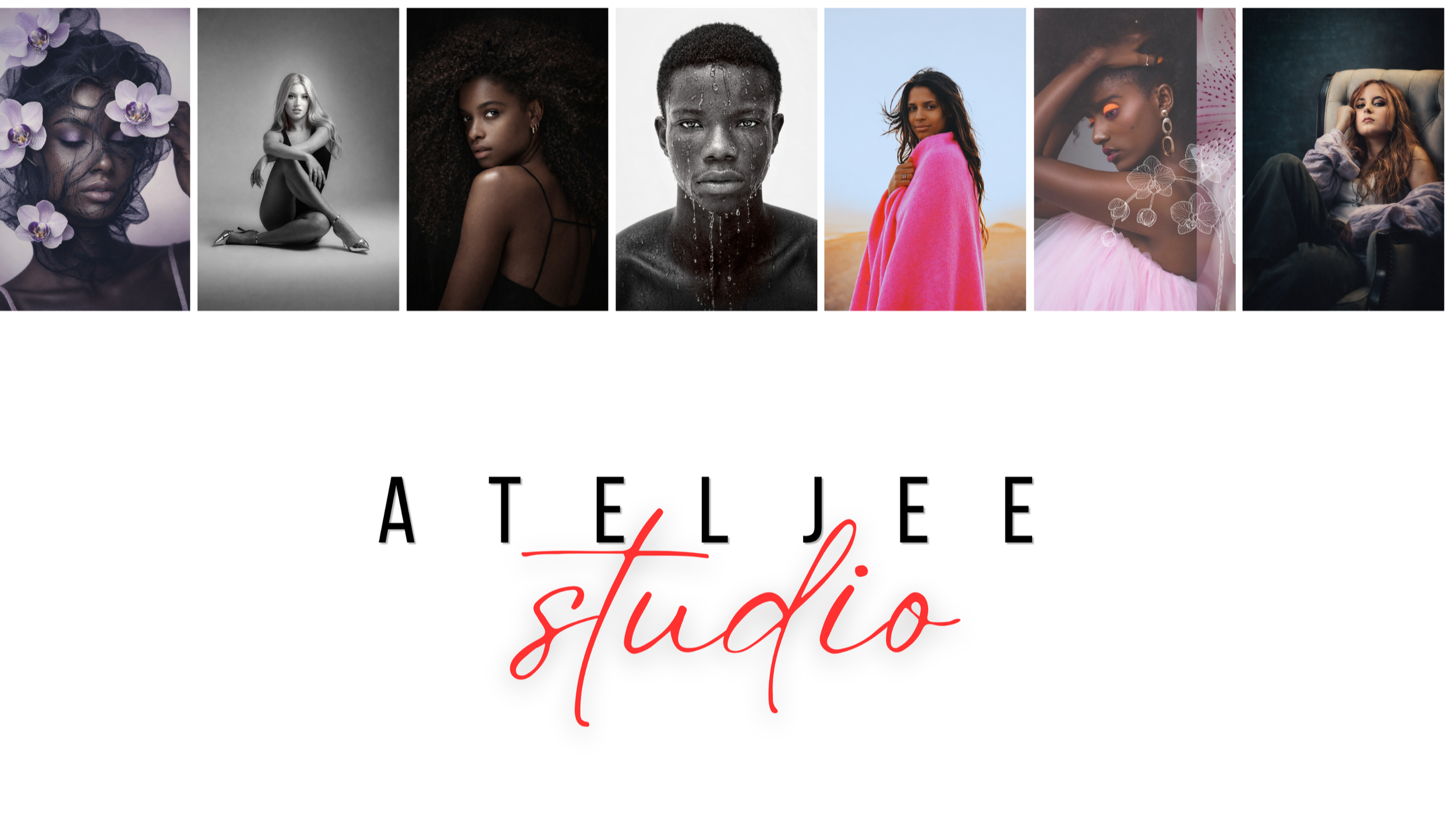 A logo for Ateljee Studio featuring a collage of diverse women by Riaan Swiegelaar in various poses and styles, with the text 'Ateljee Studio' written below in black and red cursive.