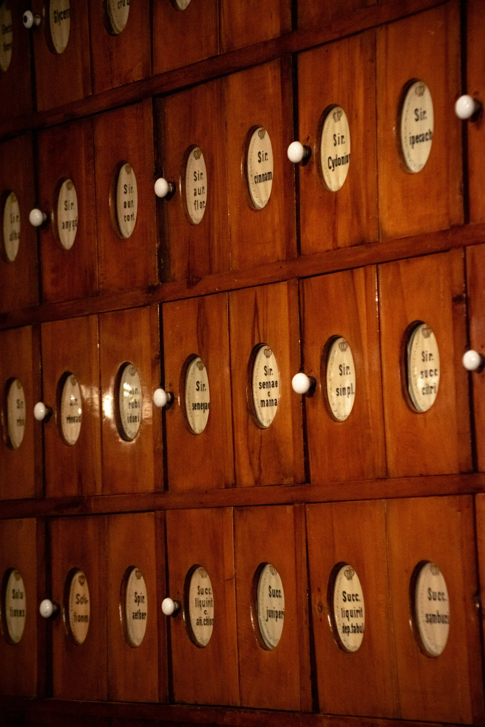 Armoire en bois avec plusieurs petites cases, chacune avec une étiquette en latin et une poignée, typique d'une pharmacie ancienne.