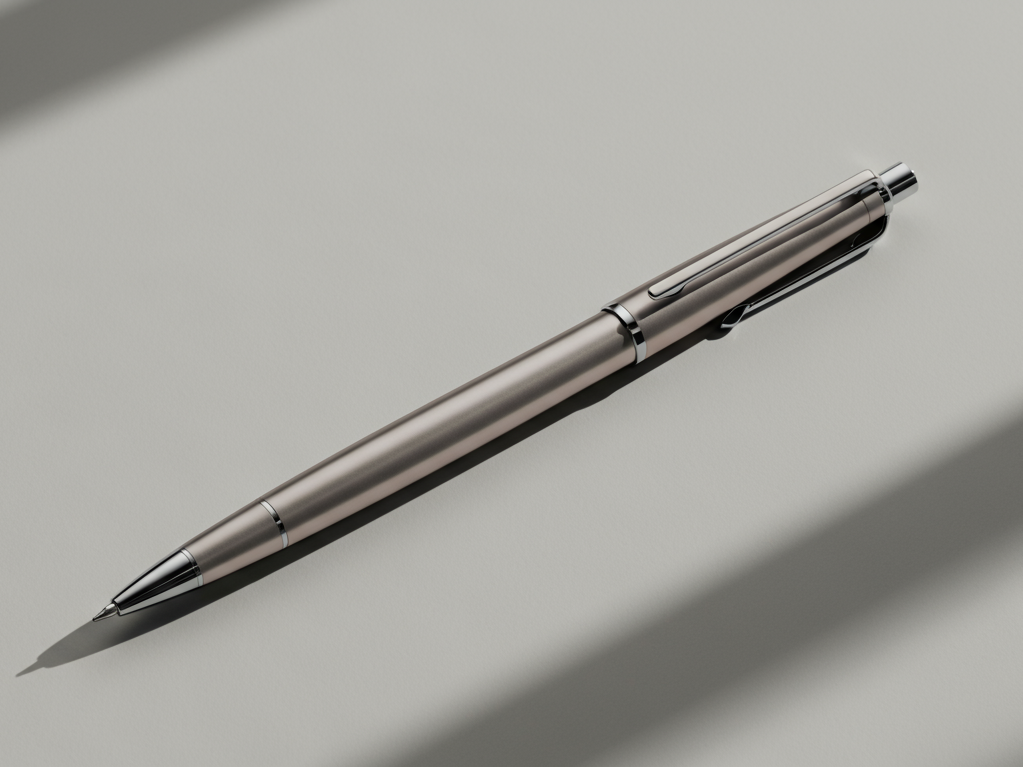 A metallic silver pen lying on a light gray surface with subtle shadow.