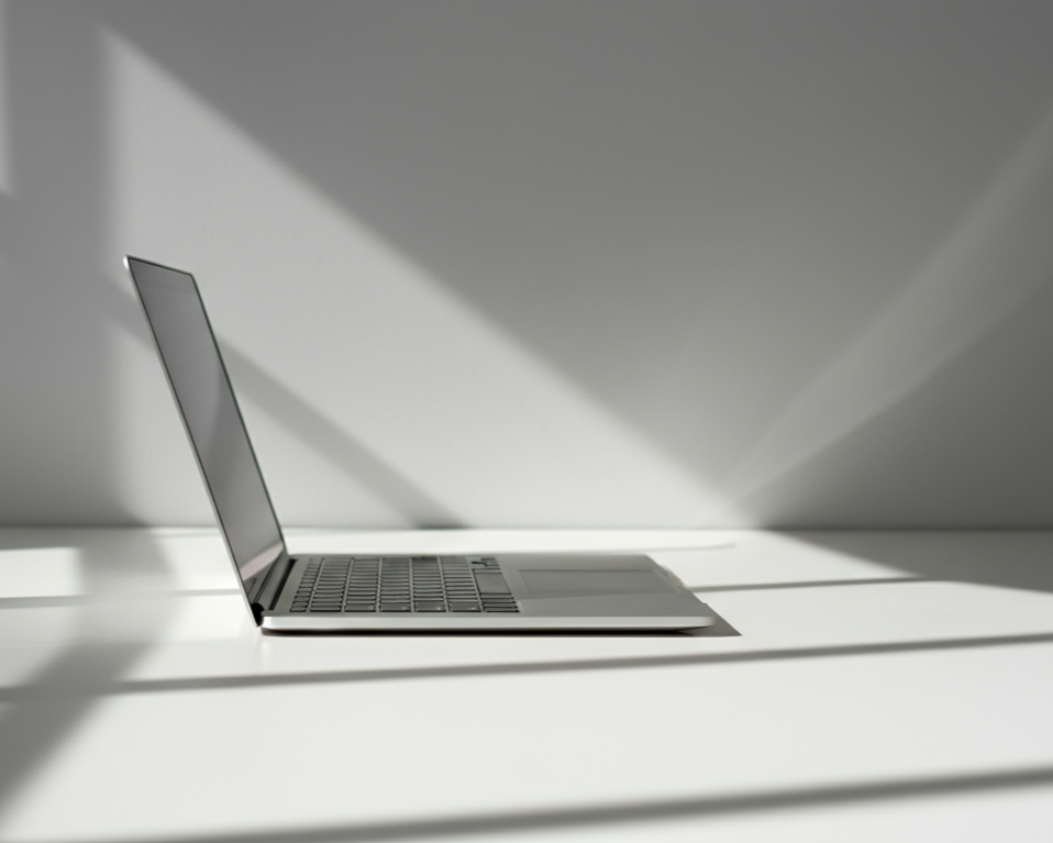 Silver laptop on a white surface with shadows cast across the scene.