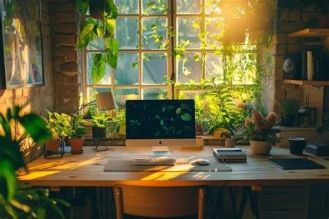 Bureau avec ordinateur, livres, et plantes devant une grande fenêtre avec lumière naturelle