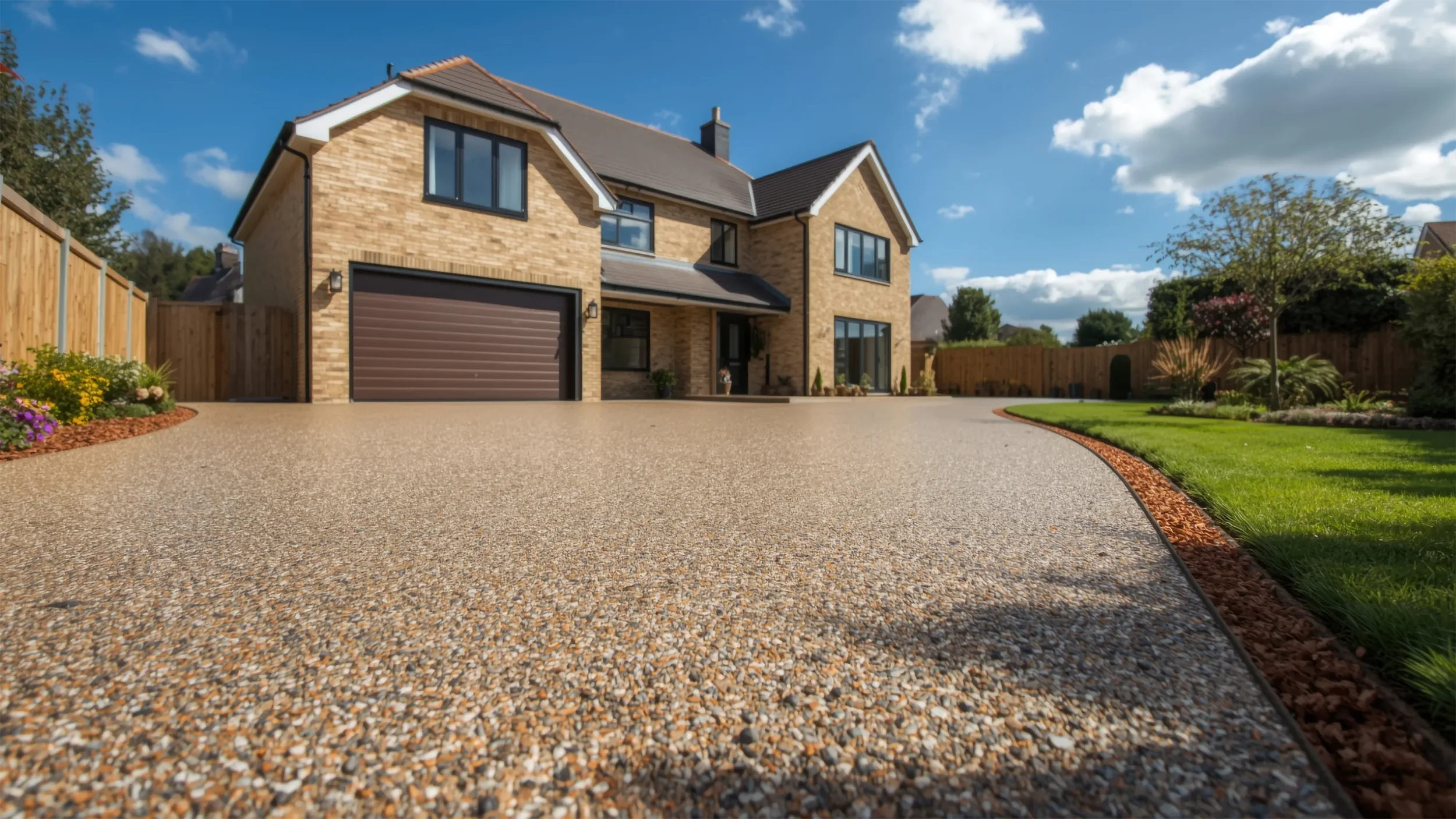 A view of a suburban house with a resin driveway.