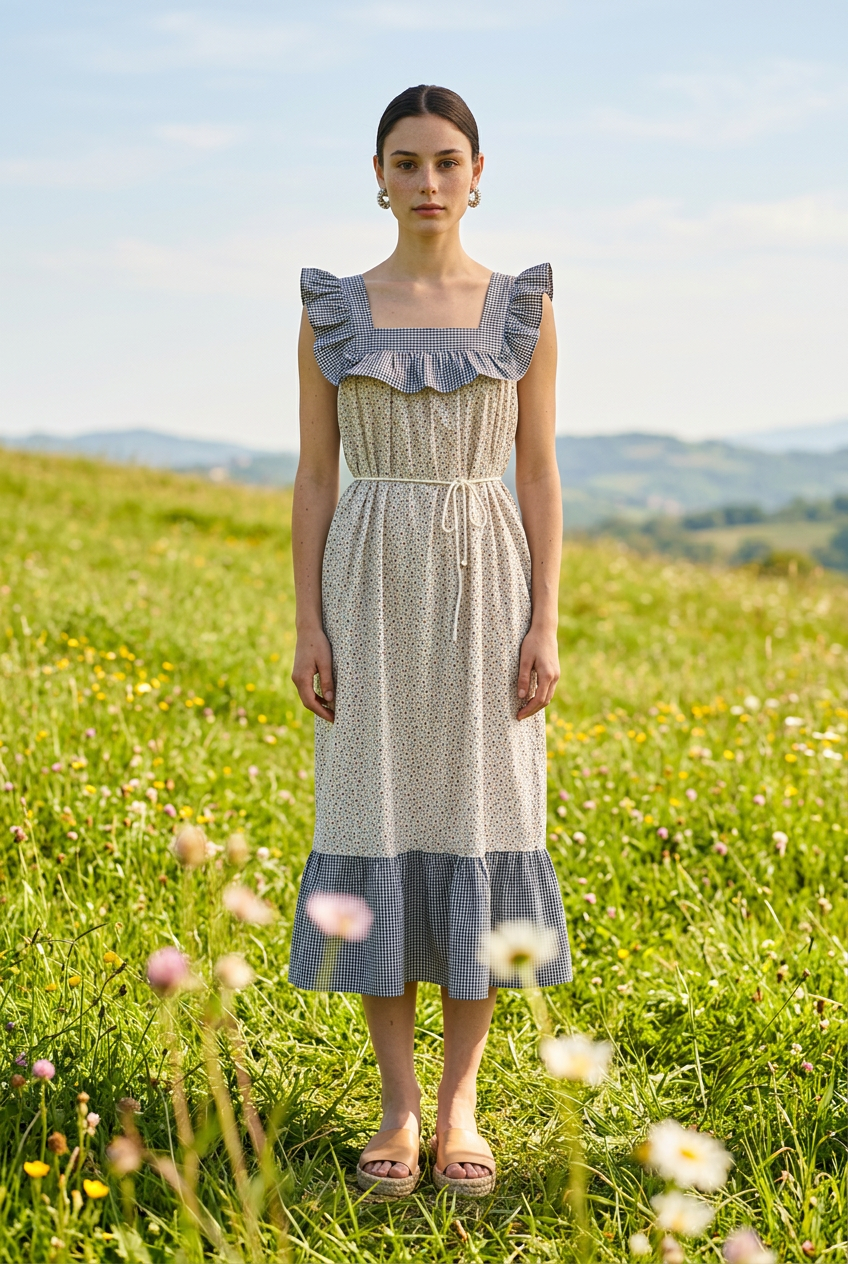 Vestido Midi de Algodón Estampado con Cuadros Verdes