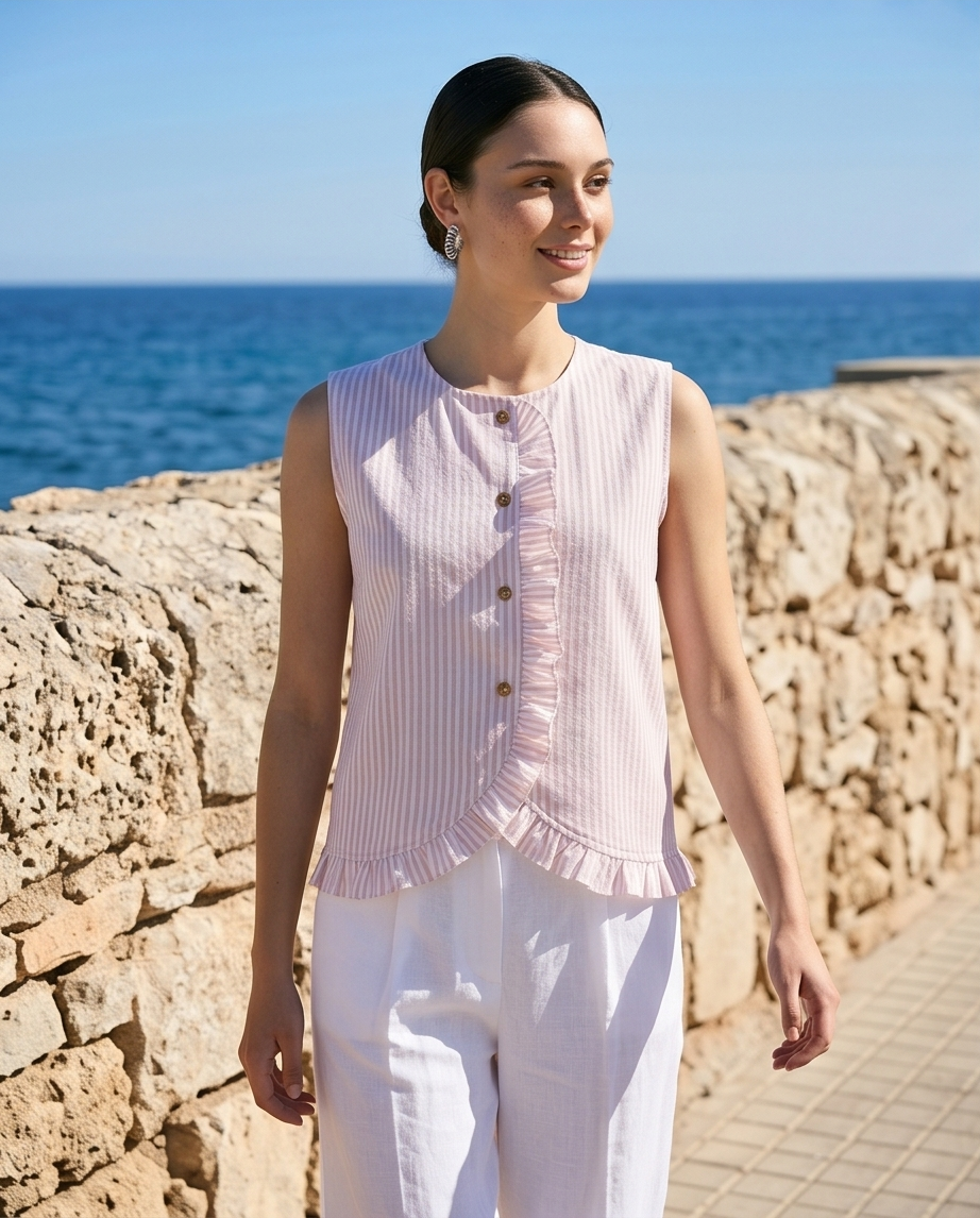 Joven mujer disfrutando al aire libre junto al mar, con blusa rosada de rayas y pantalones blancos, en un paseo soleado.
