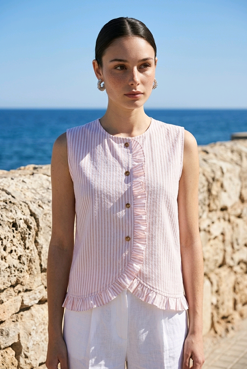 Blusa de Algodón a Rayas con Volante