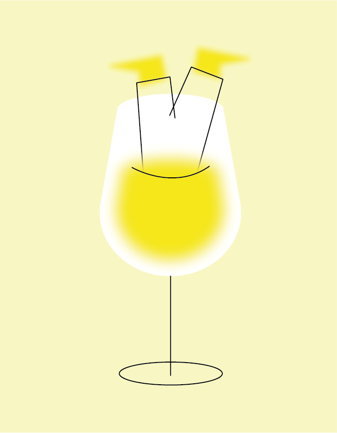 Digital illustration of a cocktail glass with a yellow drink, two straws, and lemon slices, set against a light yellow background.