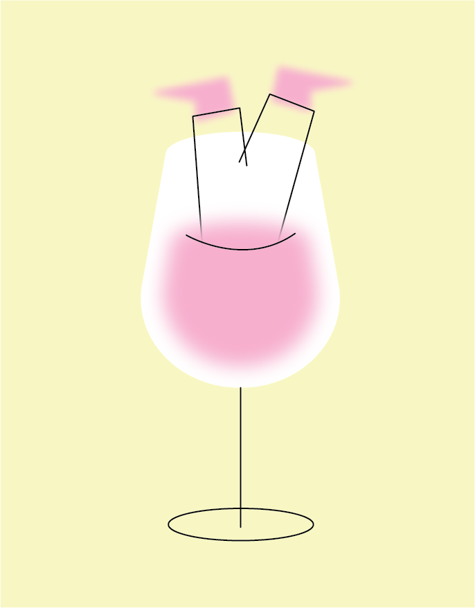 Line drawing of a cocktail glass with pink liquid and two straws, with a light yellow background.