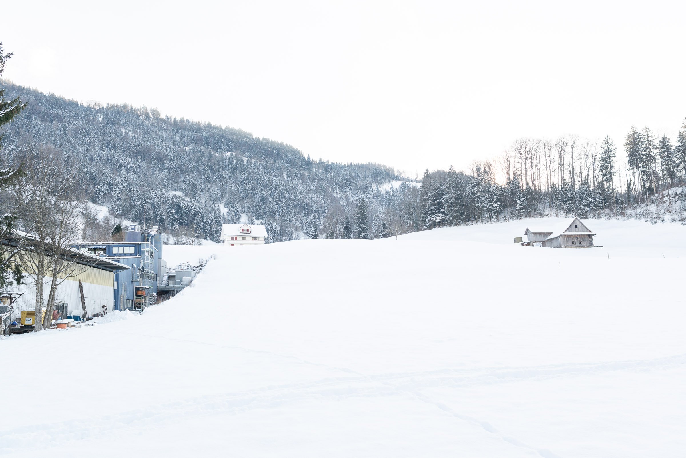 Schneebedecktes Dorf in den Bergen mit Wäldern im Hintergrund, einige Häuser und ein Fabrikgebäude im Vordergrund.