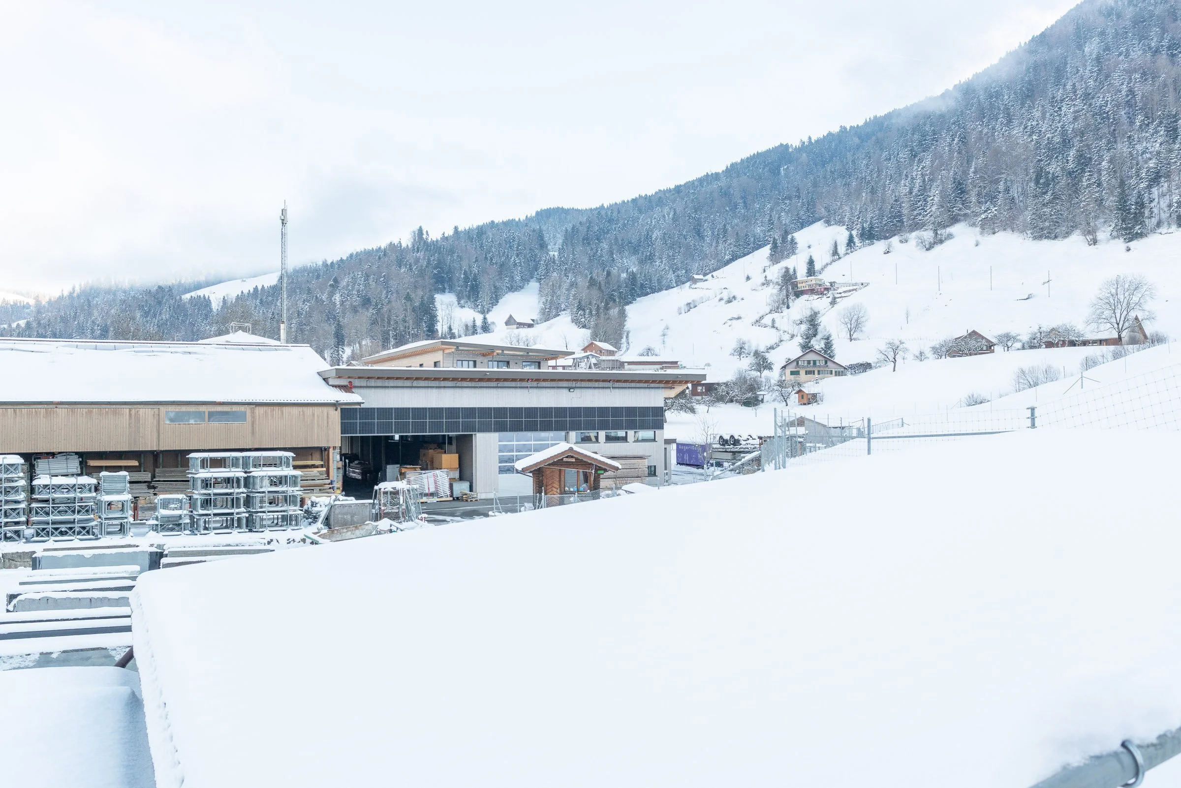 Schneebedeckter Landschaft mit Gebäuden, Bäumen und Hügeln im Hintergrund. Es ist bewölkt und winterlich.