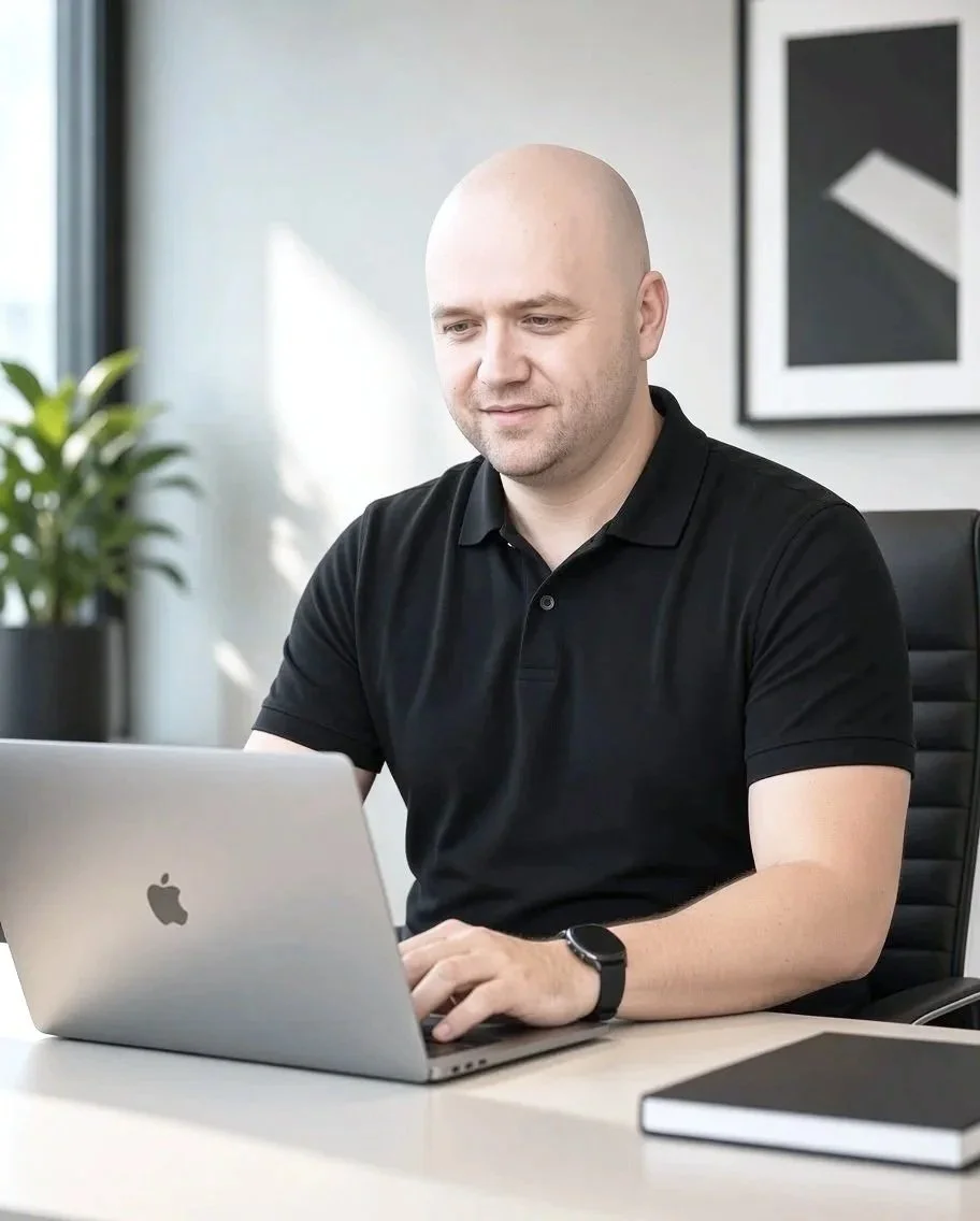 A bald man wearing a black polo shirt working on a silver MacBook in an office, with a potted plant and abstract artwork in the background.
