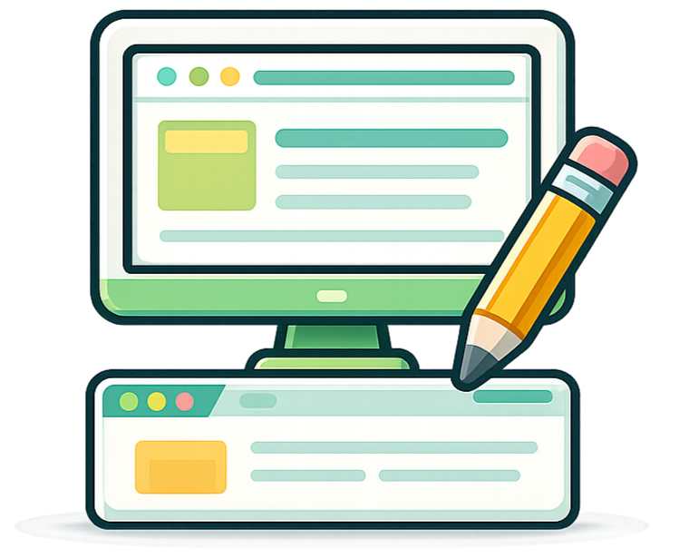 Illustration of two computer screens with a pencil in front, representing editing or writing online.