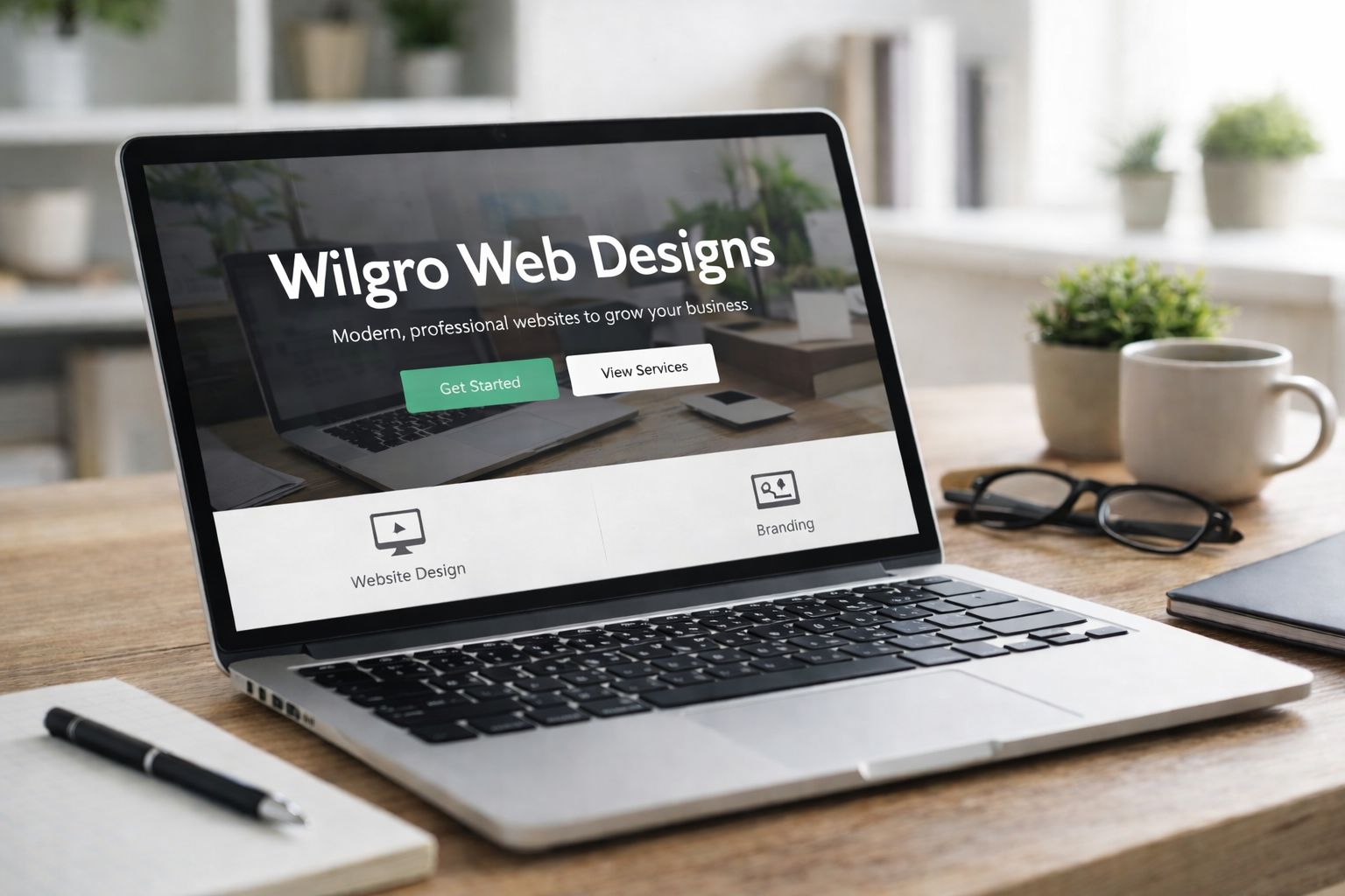 Laptop on a wooden desk displaying a web design company's homepage titled 'Wilgro Web Designs' with options 'Get Started' and 'View Services'. Surrounding items include a notebook with a pen, a pair of glasses, a notebook, a coffee mug, and potted plants in the background.