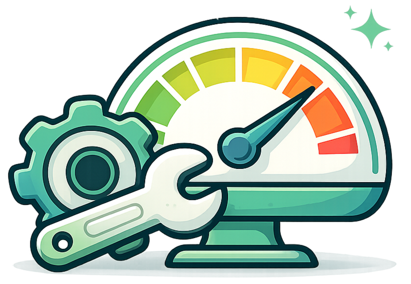 Graphic of a speedometer gauge with a needle pointing to the high-red zone, accompanied by a gear and a wrench, symbolizing high performance and maintenance.