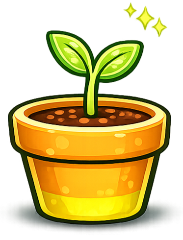 A cartoon drawing of a small green plant with two leaves in a yellow-orange flower pot, with sparkling stars above it.