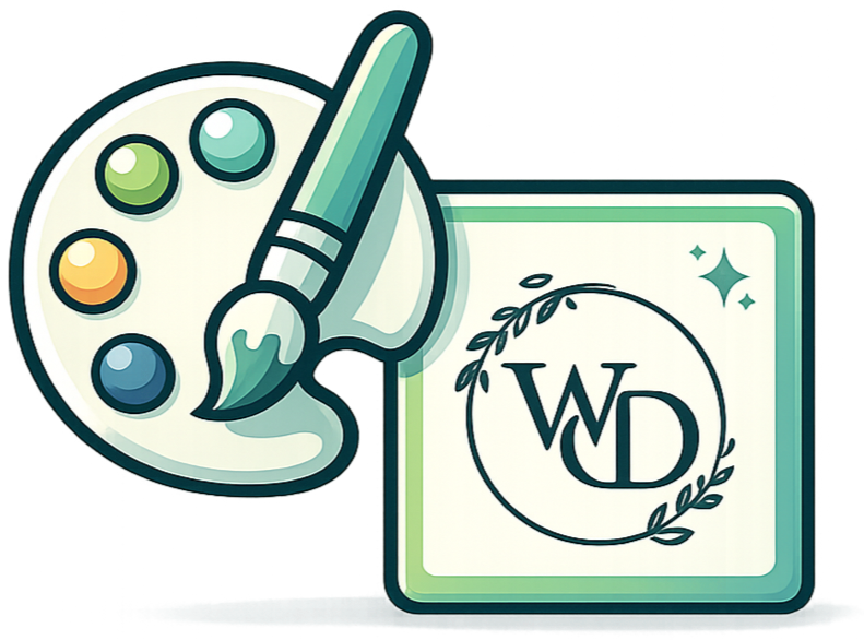 A graphic design with an artist's palette, a paintbrush, and a square card or sign with the letters 'WLD' inside a circle and surrounded by leaves.