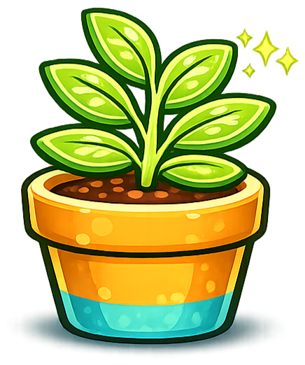 A cartoon illustration of a potted green plant with large leaves, in a yellow and blue pot, with sparkling stars near the leaves.