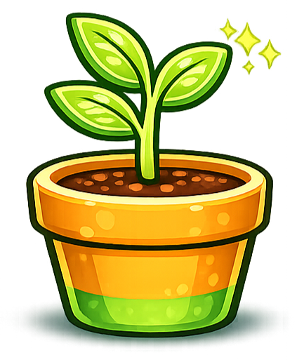 A cartoon illustration of a green plant with three leaves in a colorful flowerpot, with sparkles near the top right of the plant.