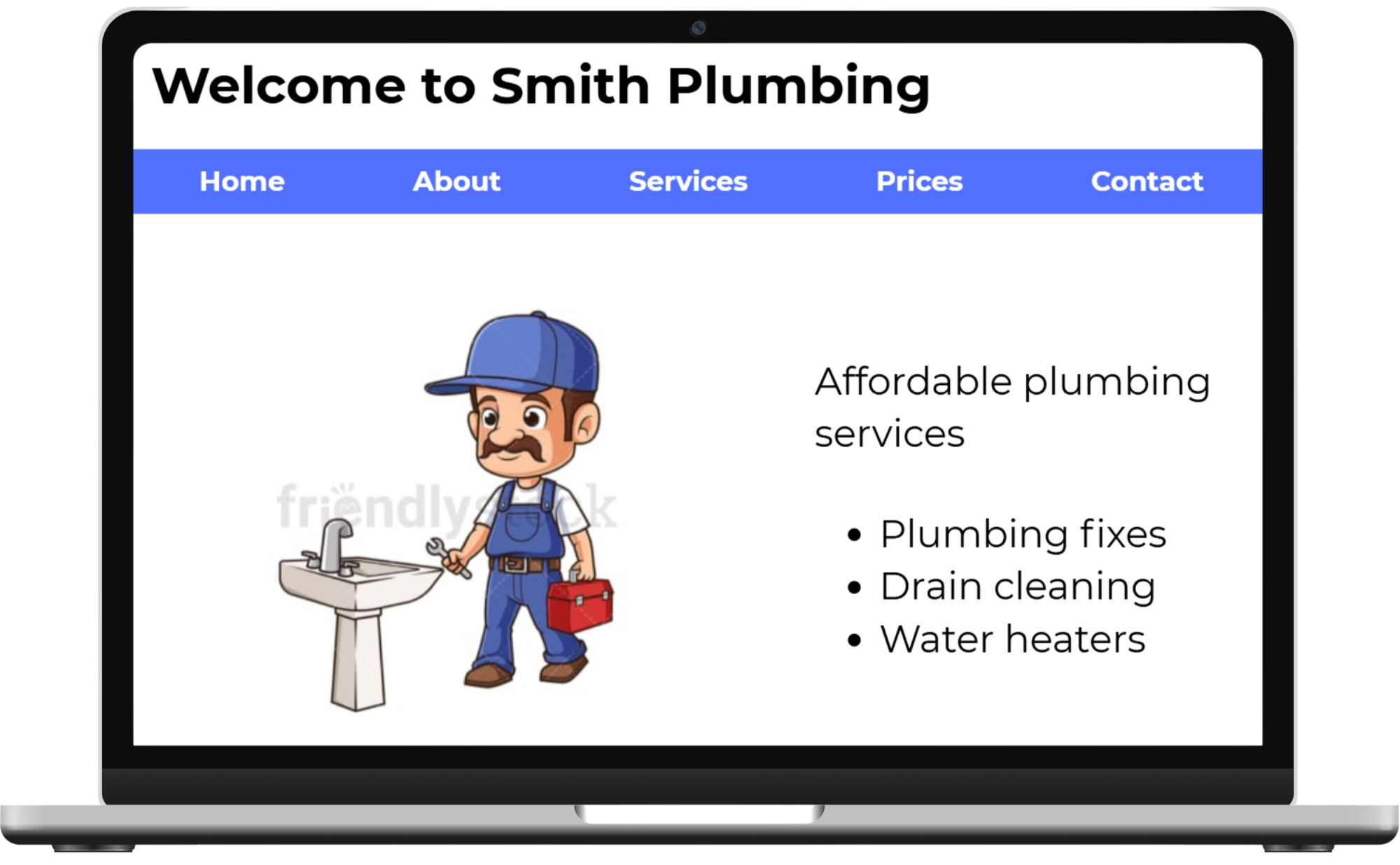 Laptop screen displaying a plumbing company's website with navigation menu, illustration of a plumber at a sink, and text advertising affordable plumbing services.