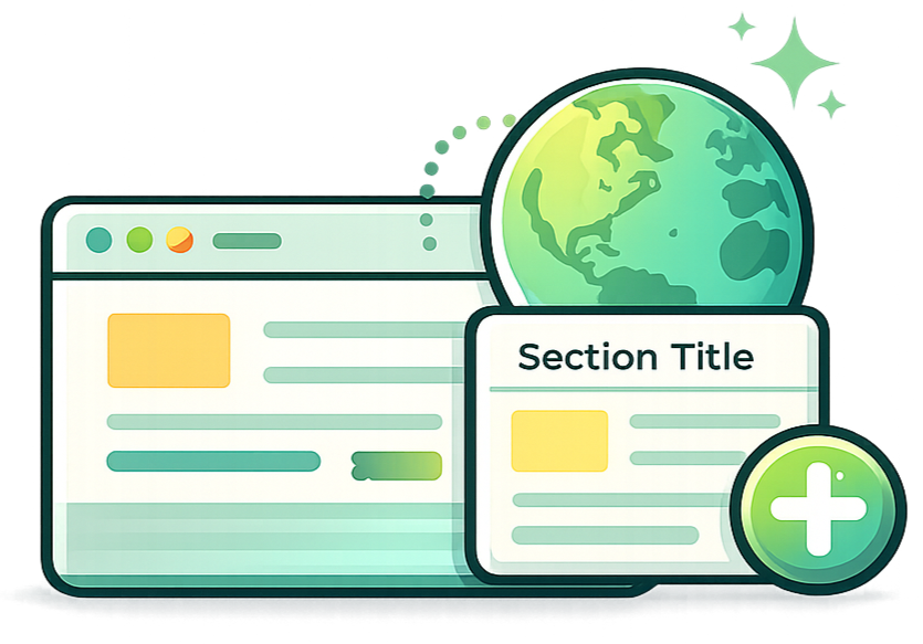 Digital illustration of a webpage with a globe and a section titled 'Section Title', featuring a plus sign icon, symbolizing global online content creation or editing.