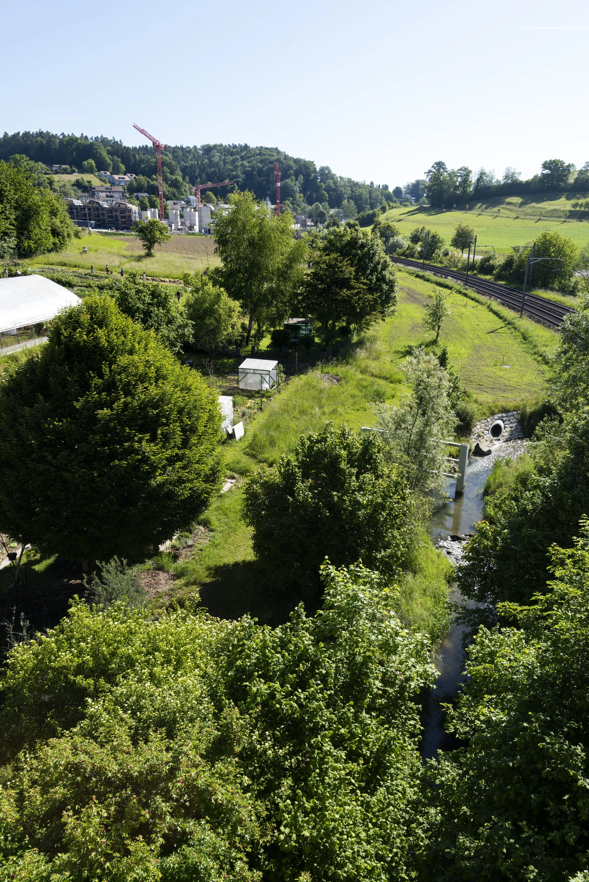 A scenic view of green trees, a small stream, and a railway track with hills in the distance, under a partly cloudy sky.