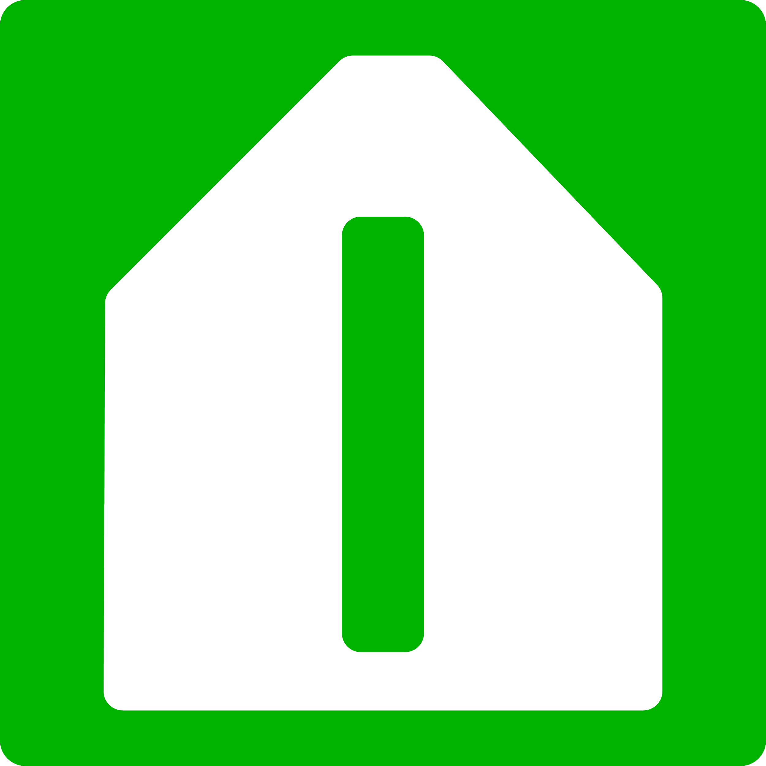 A stylized icon of a house with a green background, green roof, and a black shape inside representing the house's structure.